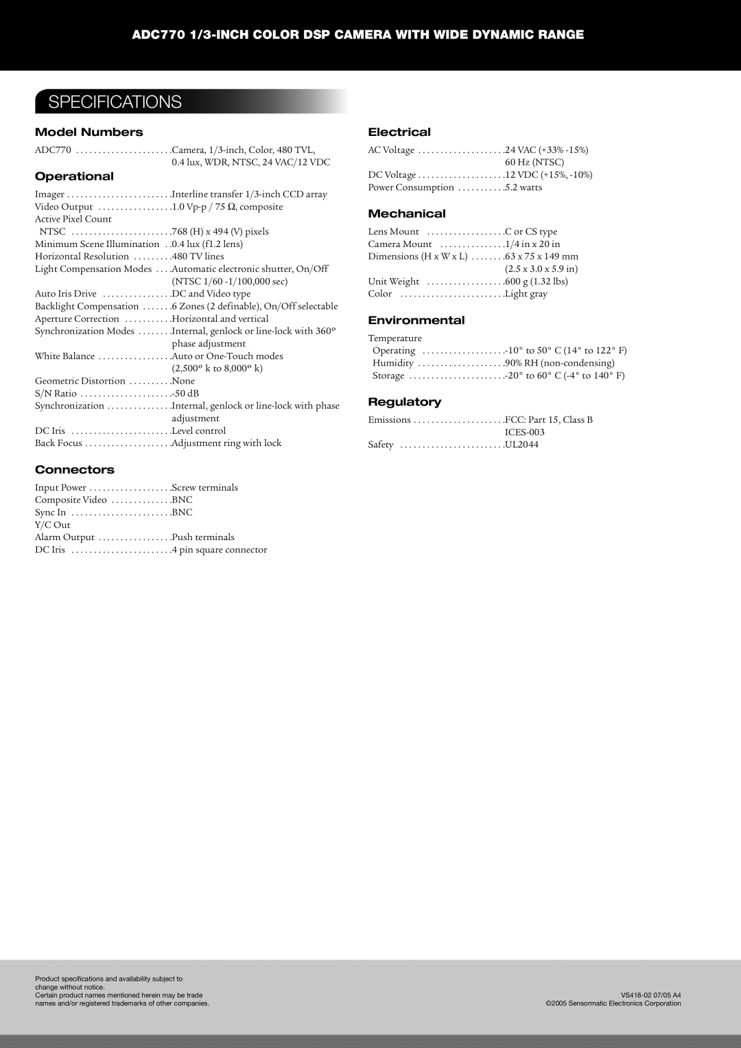 American Dynamics ADC770 manual Model Numbers, Operational, Electrical, Mechanical, Environmental, Regulatory, Connectors 