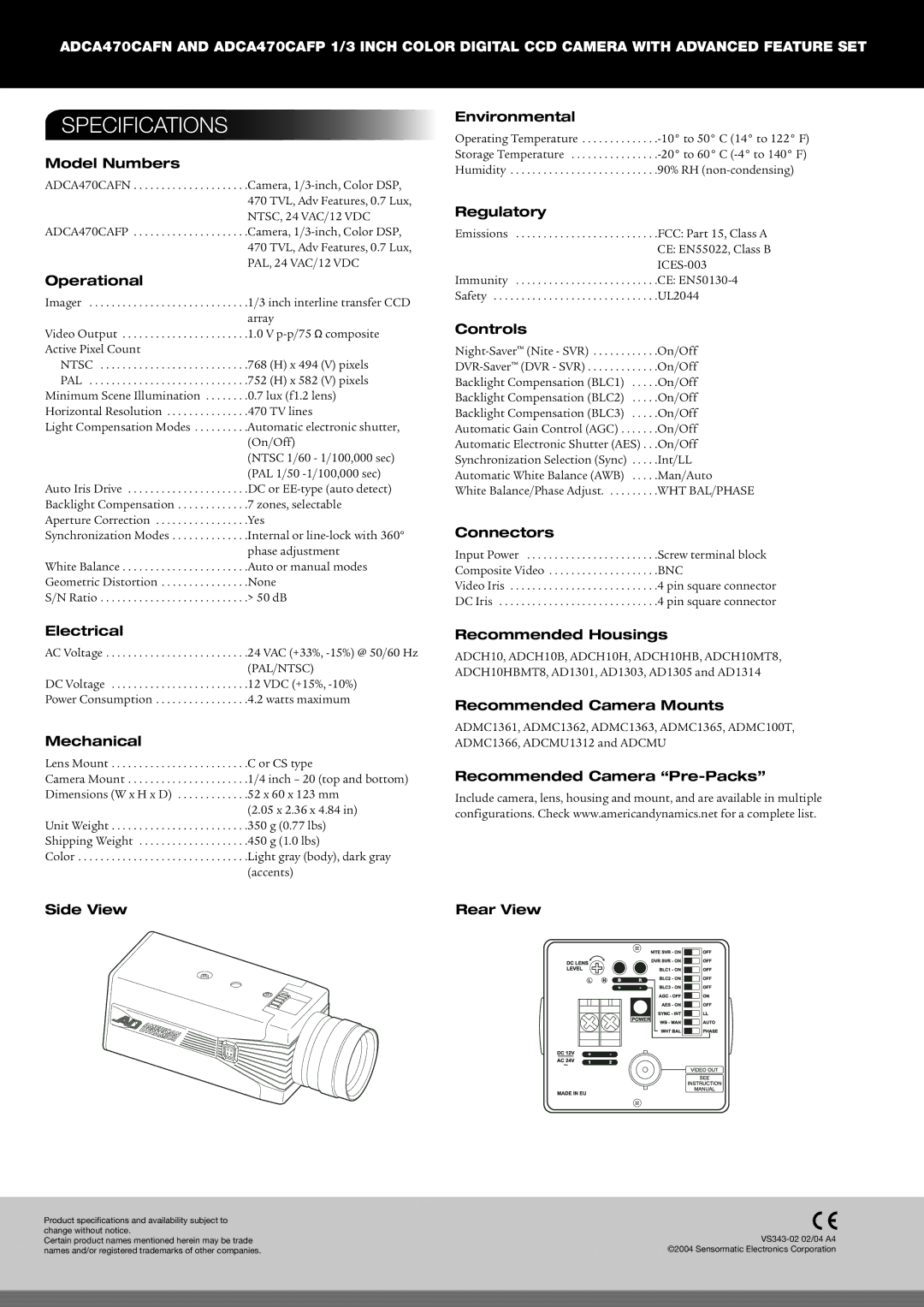 American Dynamics ADCA470CAFN, ADCA470CAFP manual Specifications 