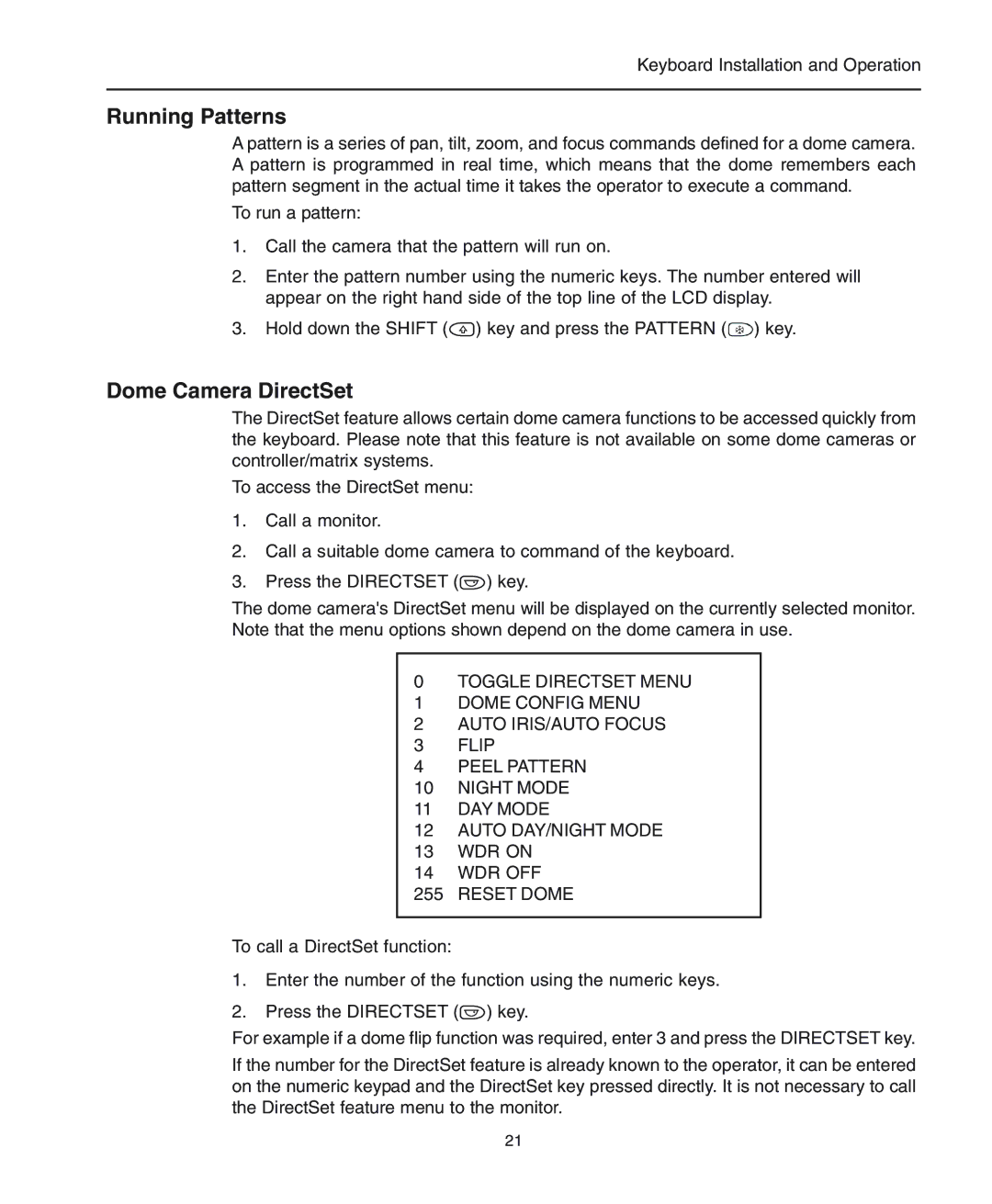 American Dynamics ADCC0300, ADCC0200 manual Running Patterns, Dome Camera DirectSet 