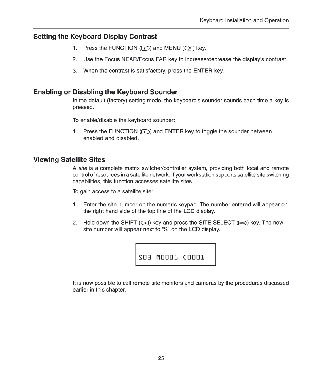 American Dynamics ADCC0300, ADCC0200 Setting the Keyboard Display Contrast, Enabling or Disabling the Keyboard Sounder 