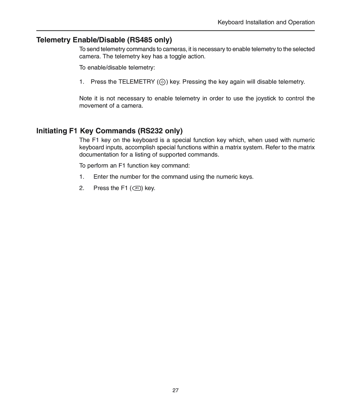 American Dynamics ADCC0300, ADCC0200 manual Telemetry Enable/Disable RS485 only, Initiating F1 Key Commands RS232 only 
