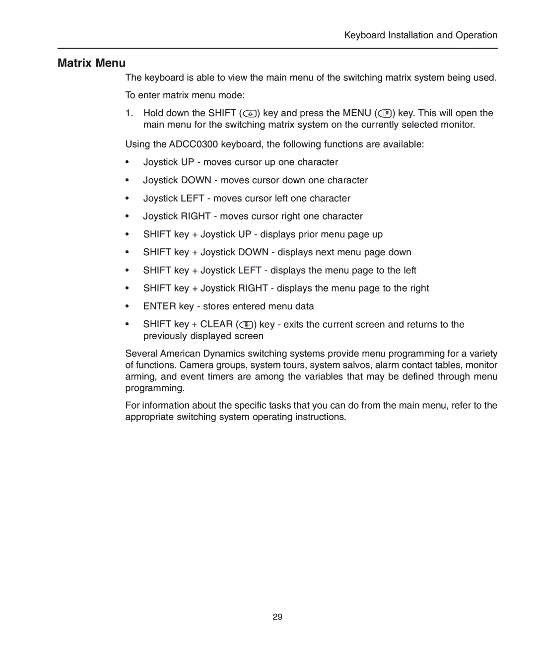 American Dynamics ADCC0300, ADCC0200 manual Matrix Menu 