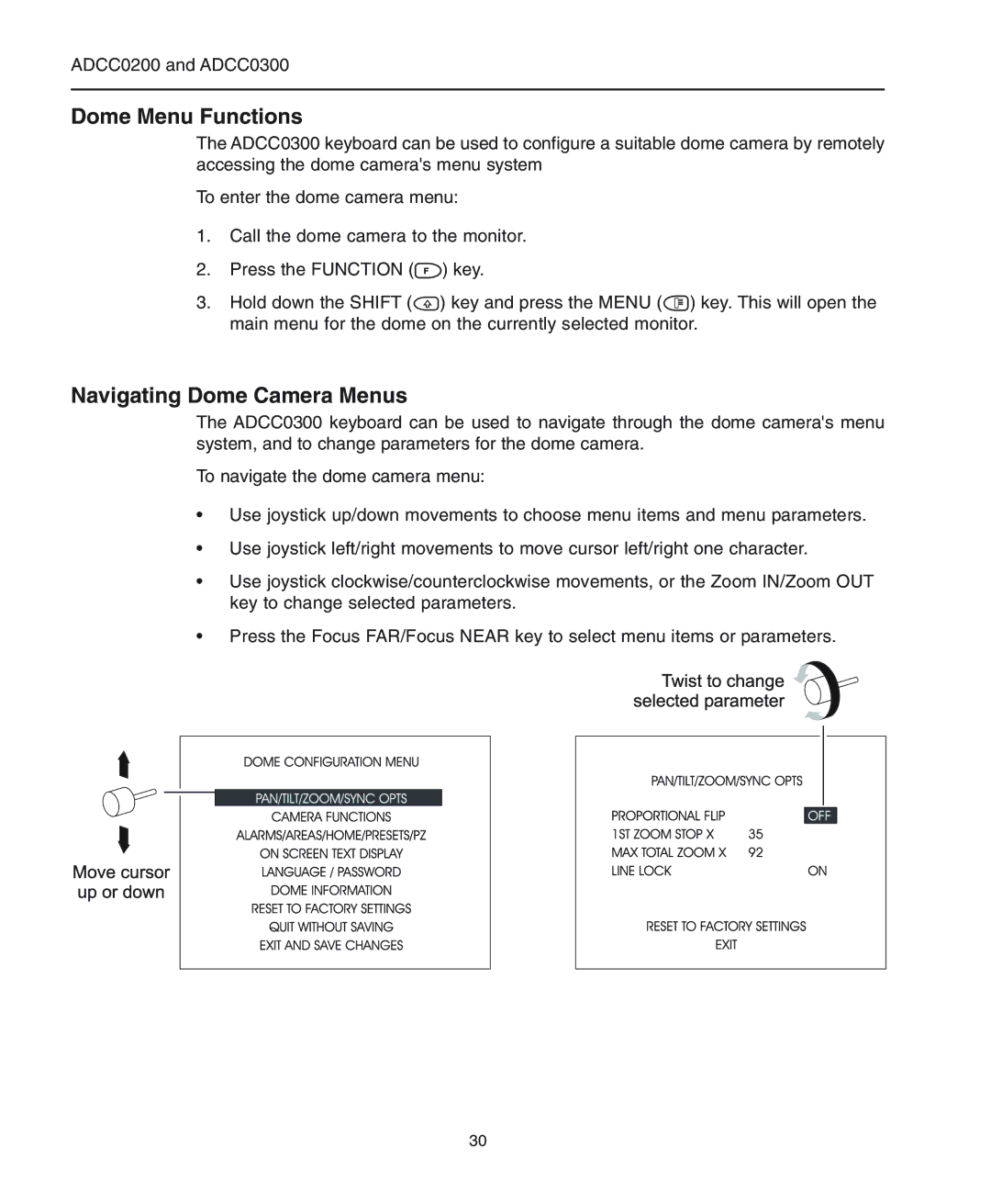 American Dynamics ADCC0200, ADCC0300 manual Dome Menu Functions, Navigating Dome Camera Menus 