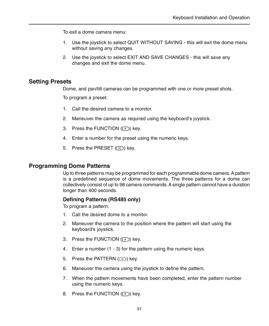 American Dynamics ADCC0300, ADCC0200 manual Setting Presets, Programming Dome Patterns, Defining Patterns RS485 only 