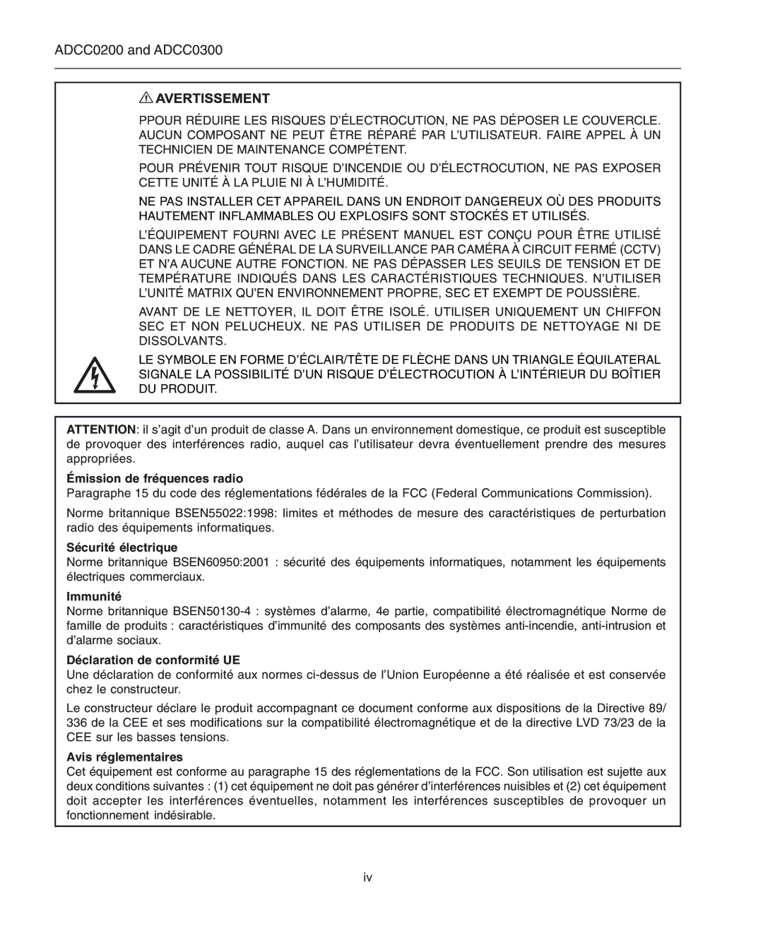 American Dynamics ADCC0200 manual Émission de fréquences radio, Sécurité électrique, Immunité, Déclaration de conformité UE 