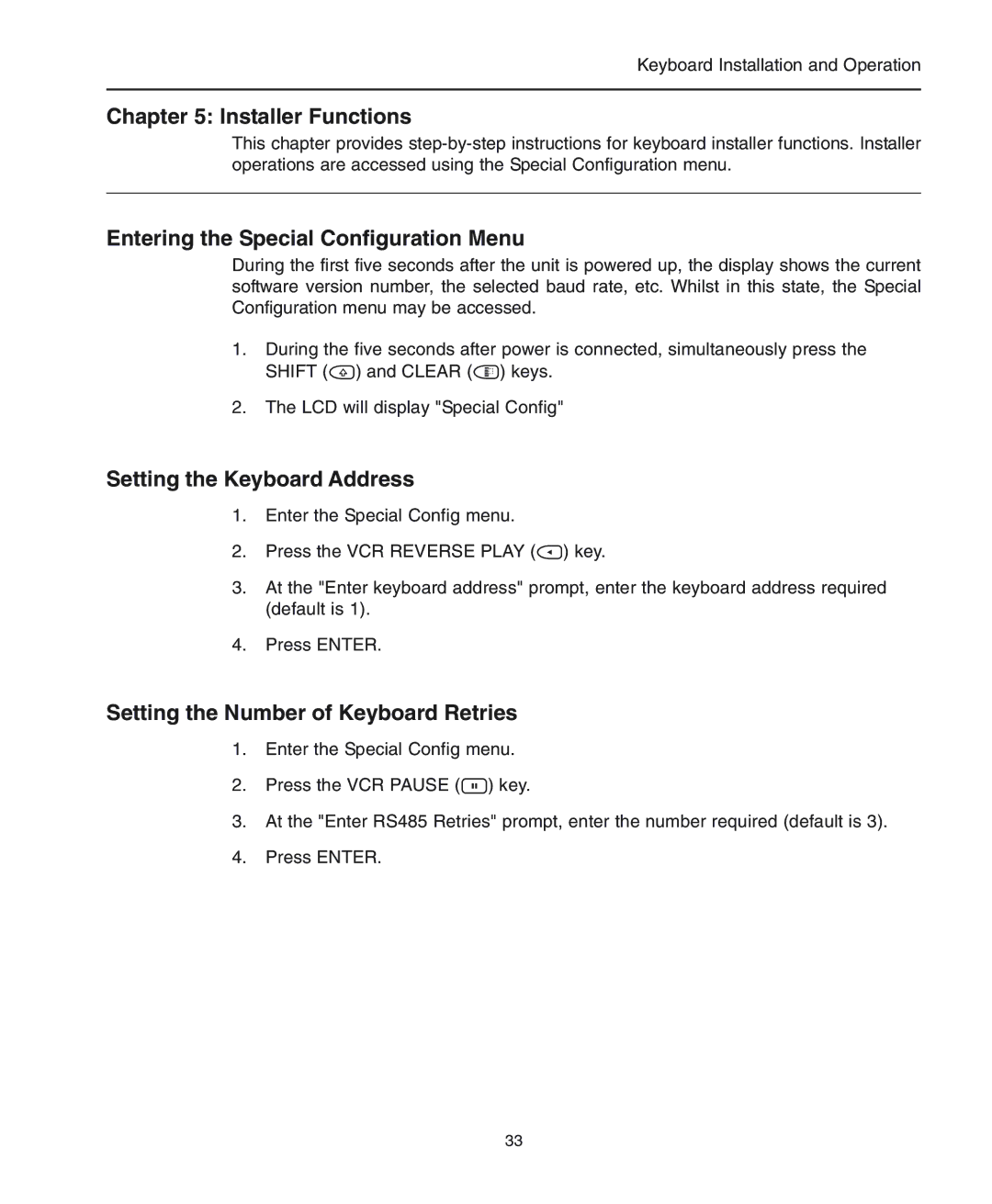 American Dynamics ADCC0300 Installer Functions, Entering the Special Configuration Menu, Setting the Keyboard Address 