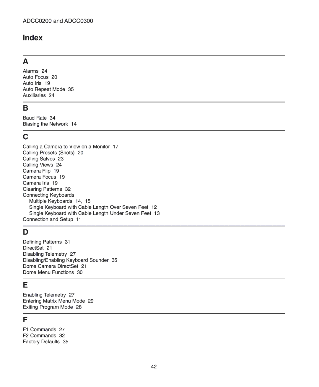 American Dynamics ADCC0200, ADCC0300 manual Index 