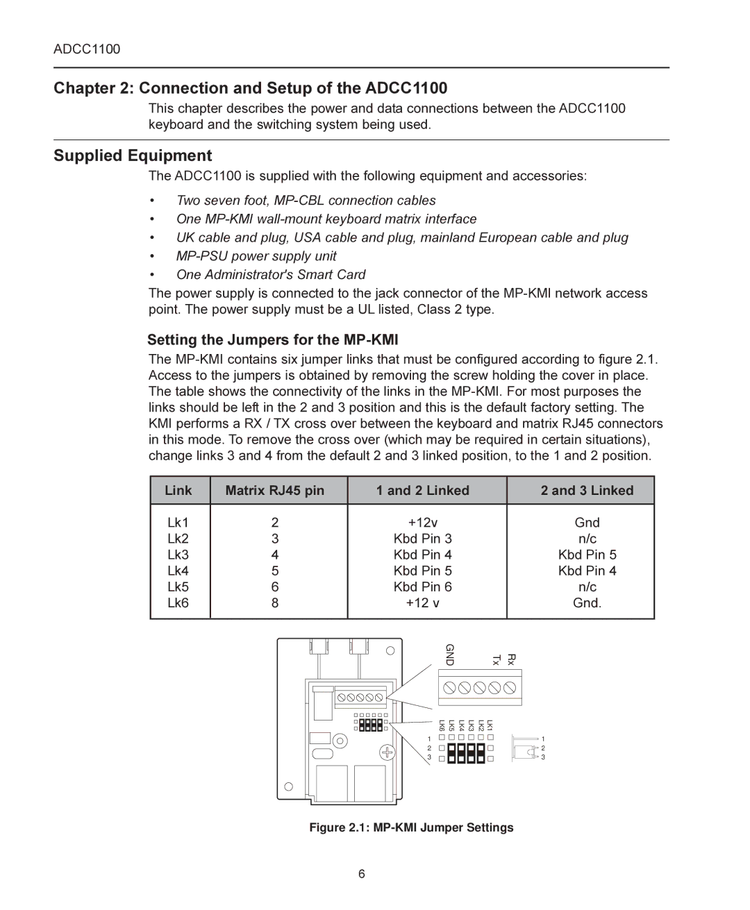 American Dynamics manual Connection and Setup of the ADCC1100, Supplied Equipment, Setting the Jumpers for the MP-KMI 