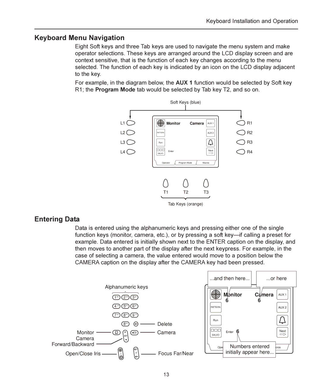 American Dynamics ADCC1100 manual Keyboard Menu Navigation, Entering Data 