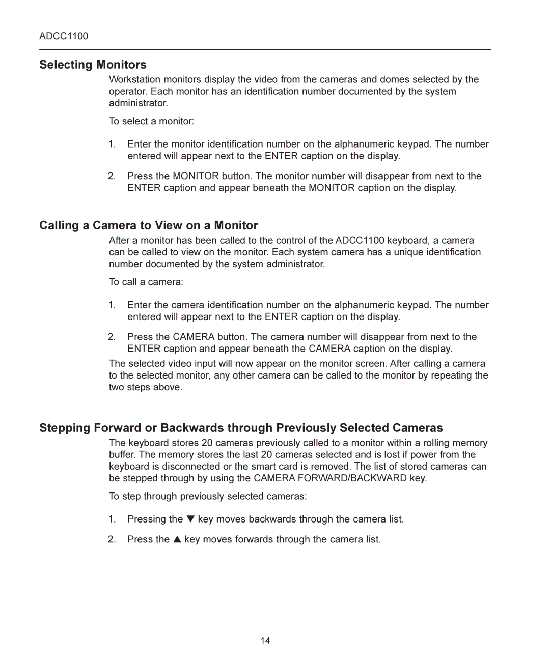 American Dynamics ADCC1100 manual Selecting Monitors, Calling a Camera to View on a Monitor 