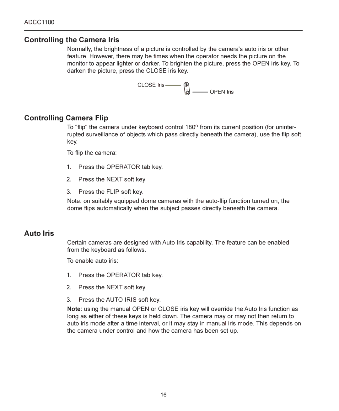 American Dynamics ADCC1100 manual Controlling the Camera Iris, Controlling Camera Flip, Auto Iris 