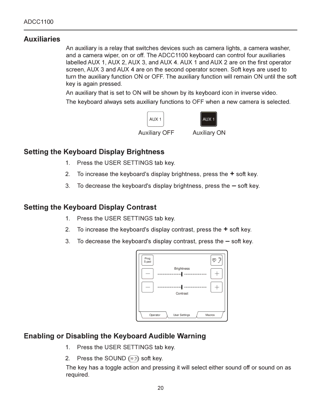 American Dynamics ADCC1100 Auxiliaries, Setting the Keyboard Display Brightness, Setting the Keyboard Display Contrast 