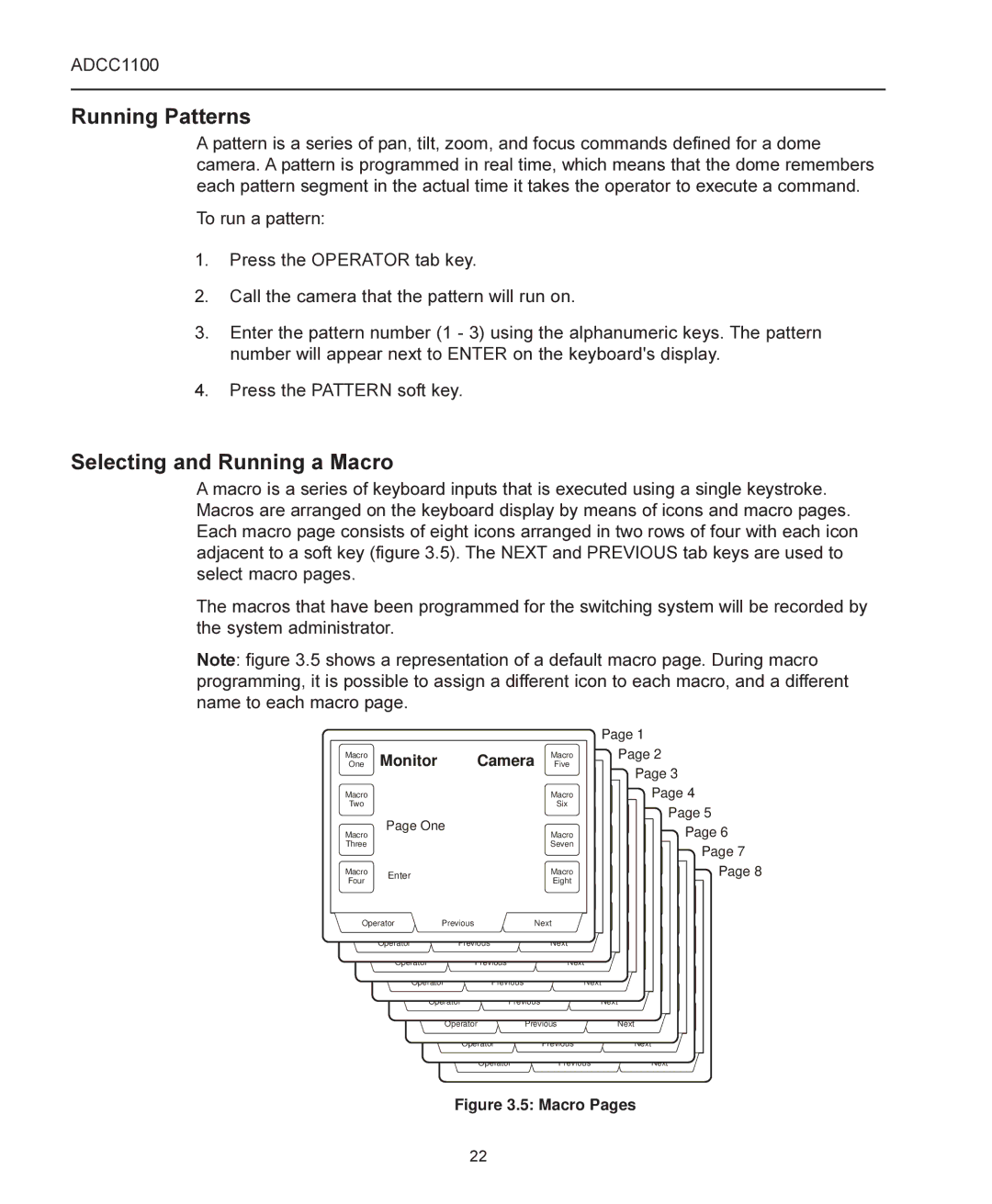 American Dynamics ADCC1100 manual Running Patterns, Selecting and Running a Macro 