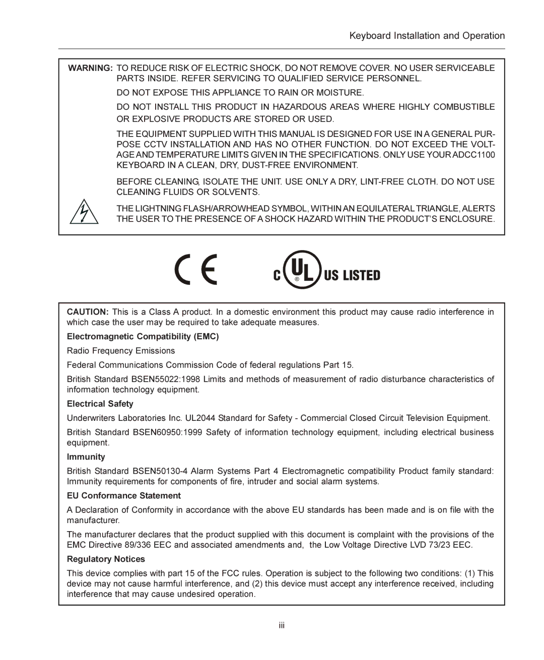 American Dynamics ADCC1100 manual Keyboard Installation and Operation 