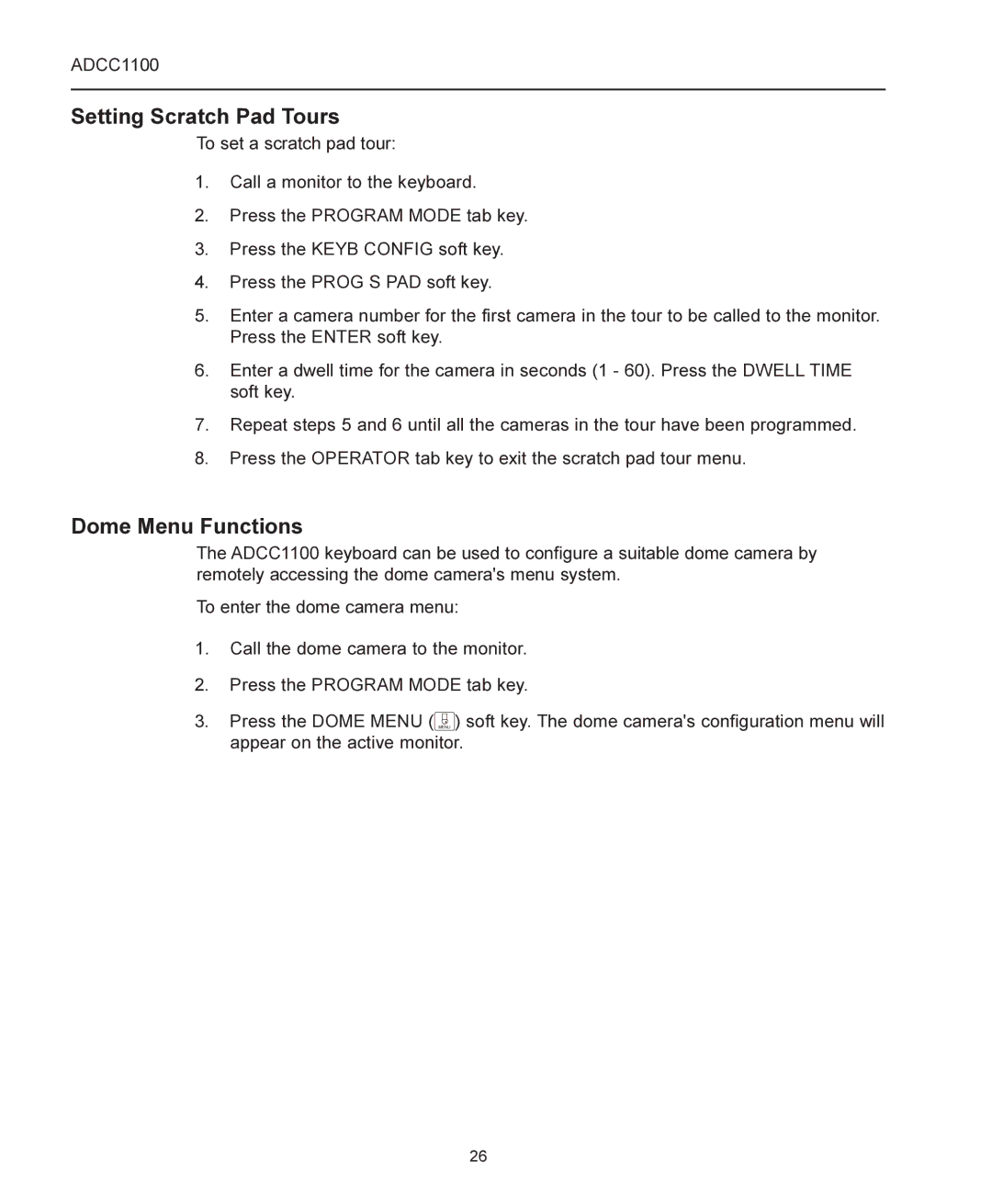 American Dynamics ADCC1100 manual Setting Scratch Pad Tours, Dome Menu Functions 
