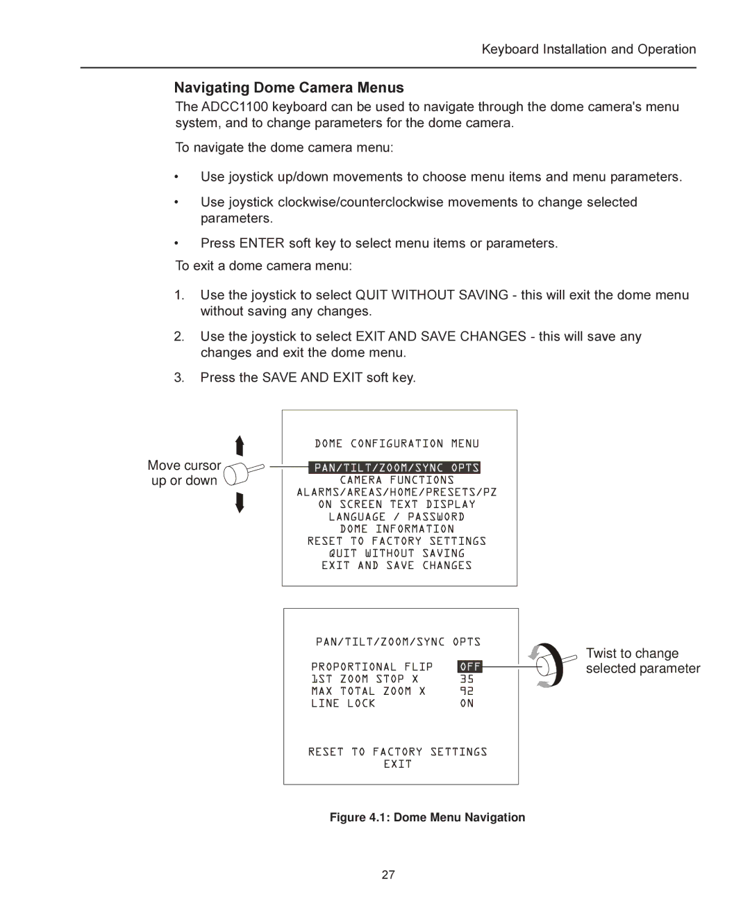 American Dynamics ADCC1100 manual Navigating Dome Camera Menus, Dome Menu Navigation 