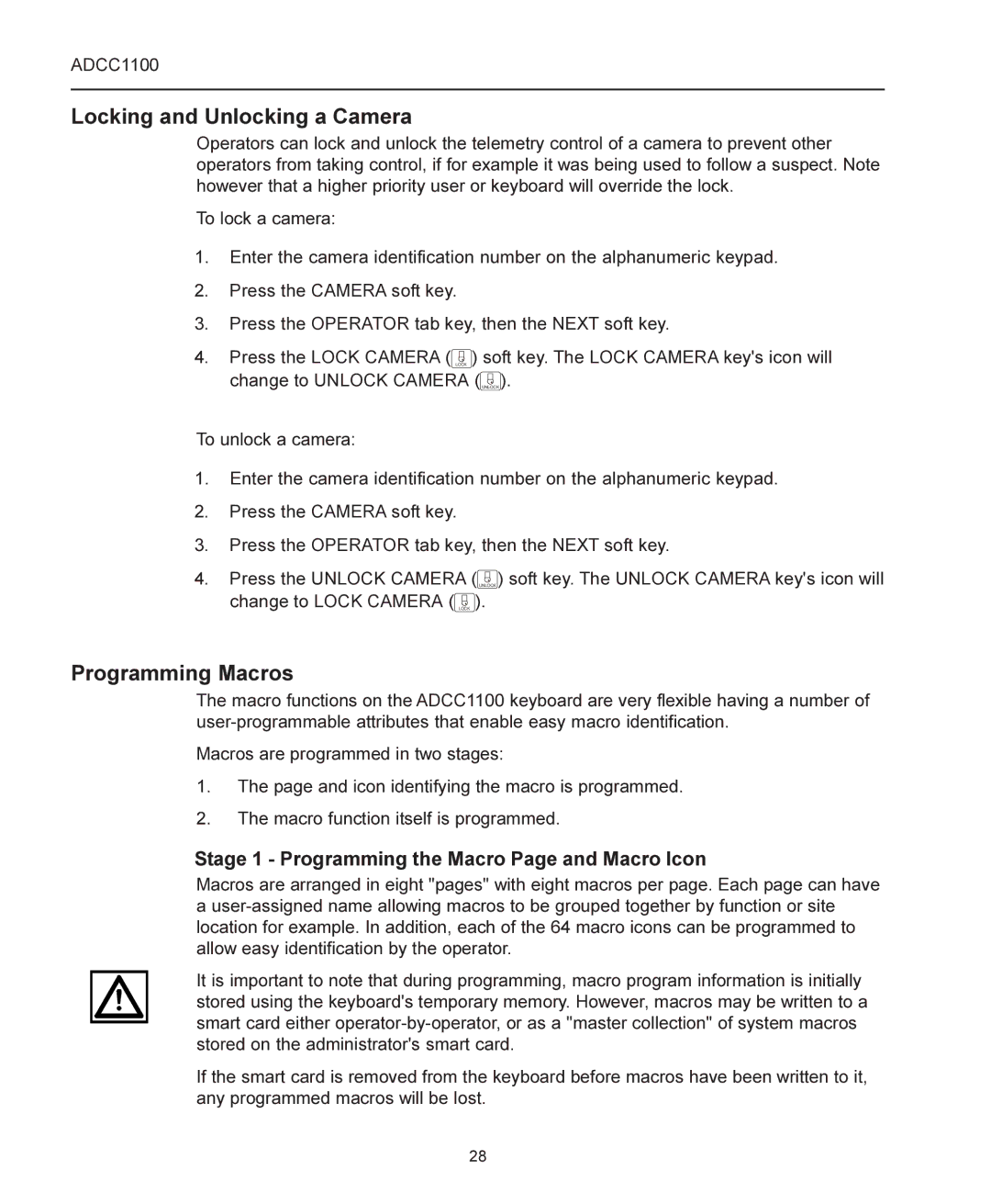 American Dynamics ADCC1100 manual Locking and Unlocking a Camera, Programming Macros 