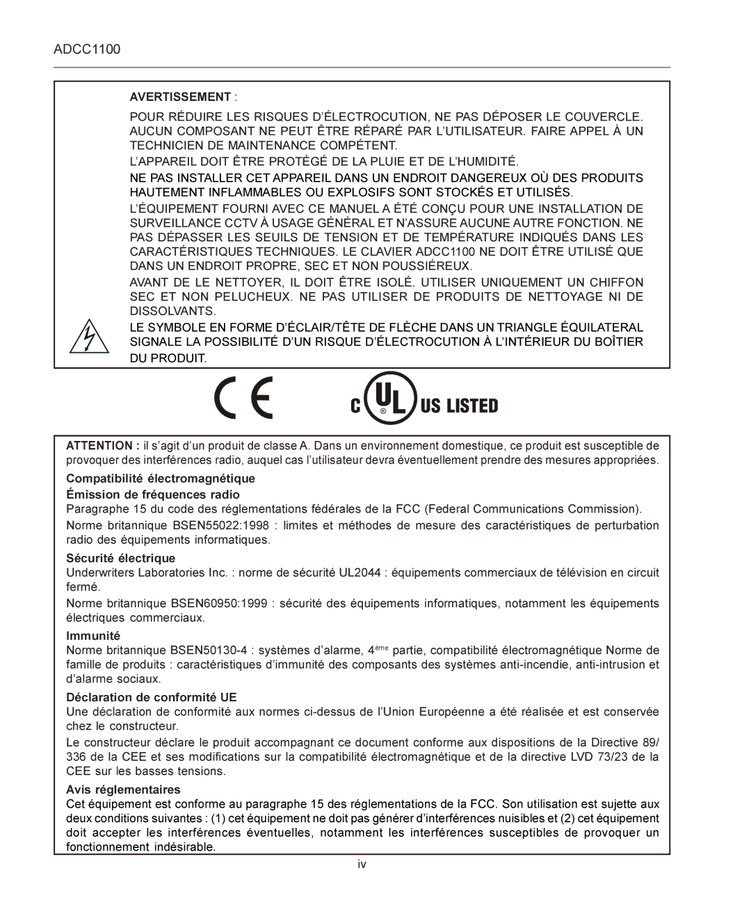 American Dynamics ADCC1100 manual Avertissement 