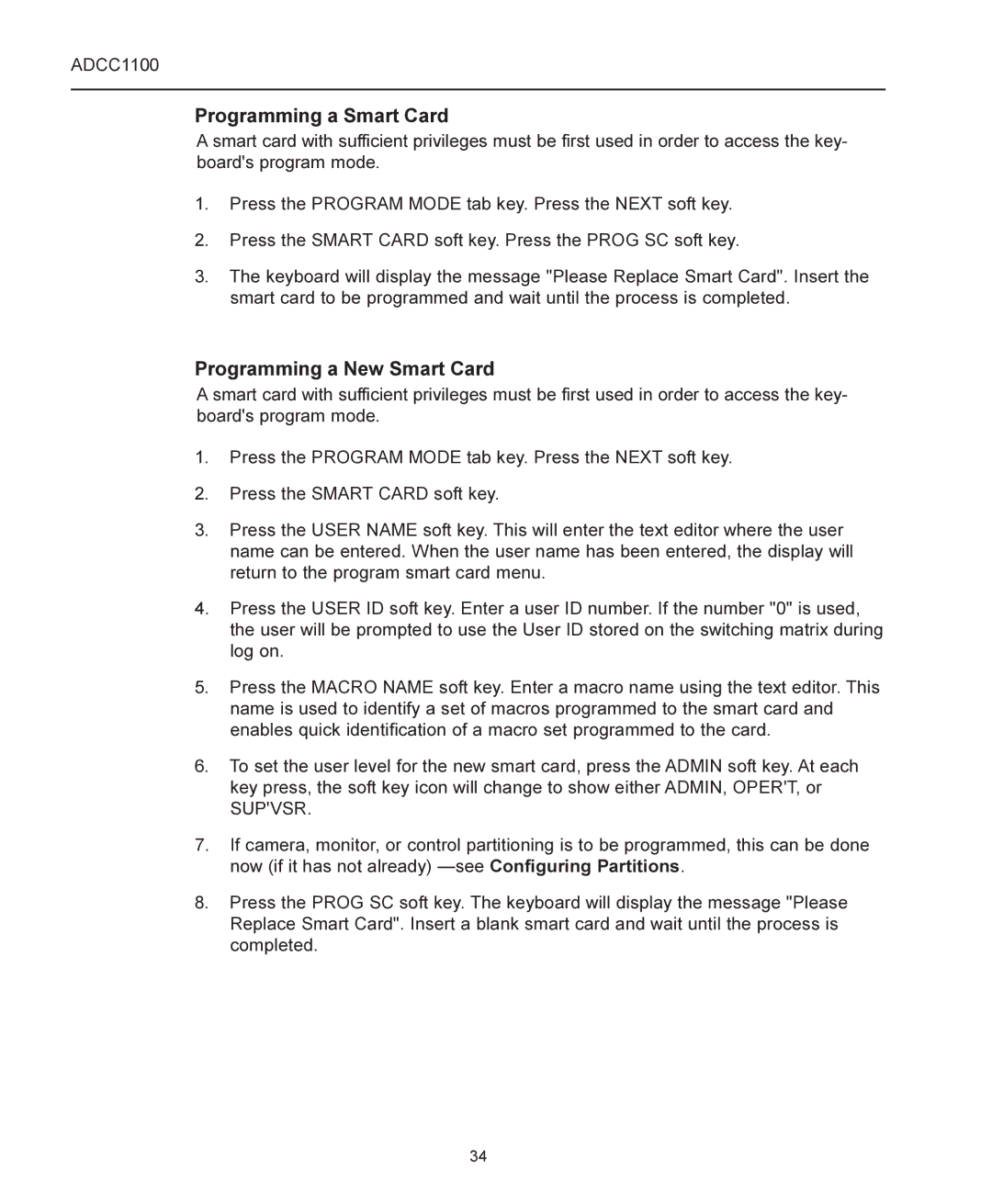 American Dynamics ADCC1100 manual Programming a Smart Card, Programming a New Smart Card 