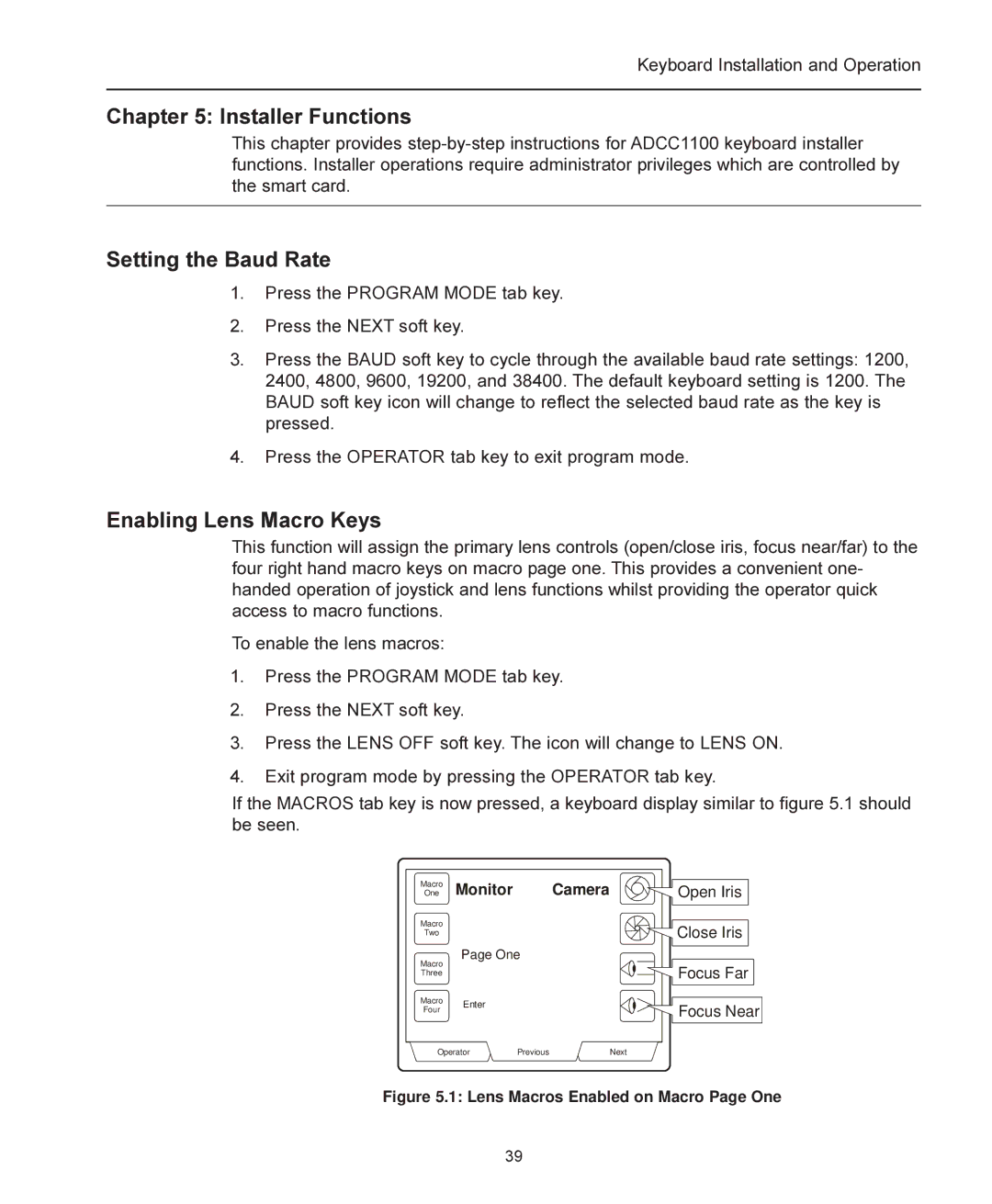 American Dynamics ADCC1100 manual Installer Functions, Setting the Baud Rate, Enabling Lens Macro Keys 