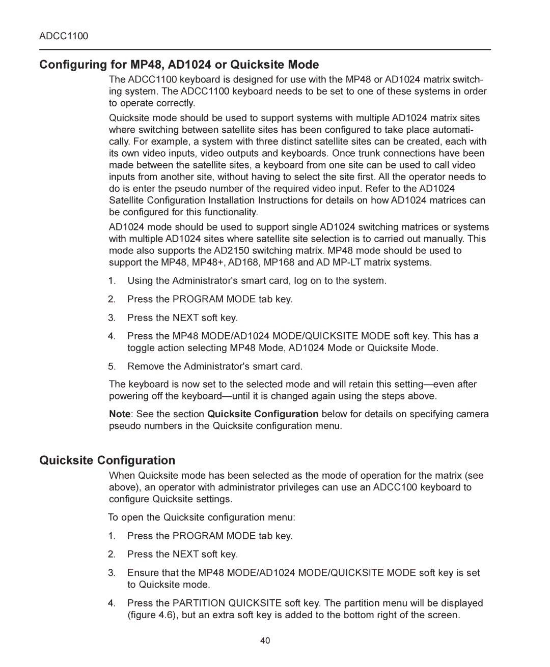 American Dynamics ADCC1100 manual Configuring for MP48, AD1024 or Quicksite Mode, Quicksite Configuration 