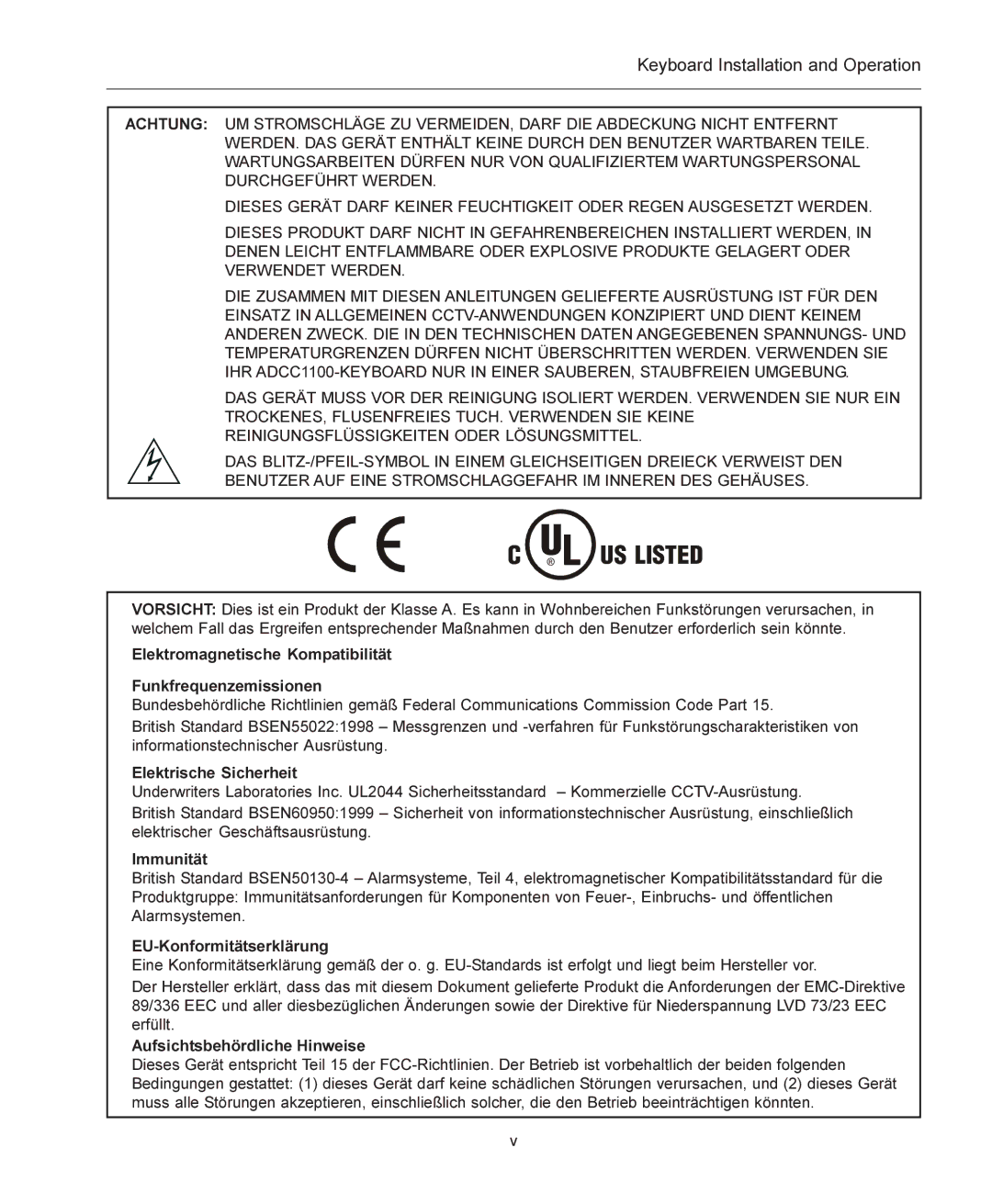 American Dynamics ADCC1100 manual Elektromagnetische Kompatibilität Funkfrequenzemissionen 