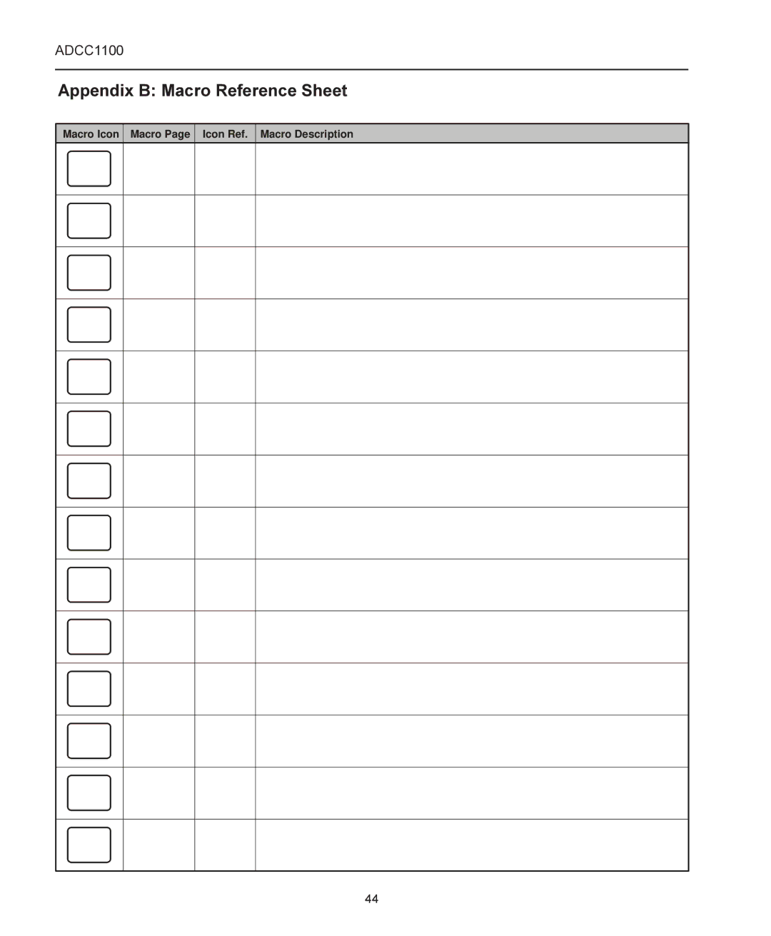 American Dynamics ADCC1100 manual Appendix B Macro Reference Sheet 