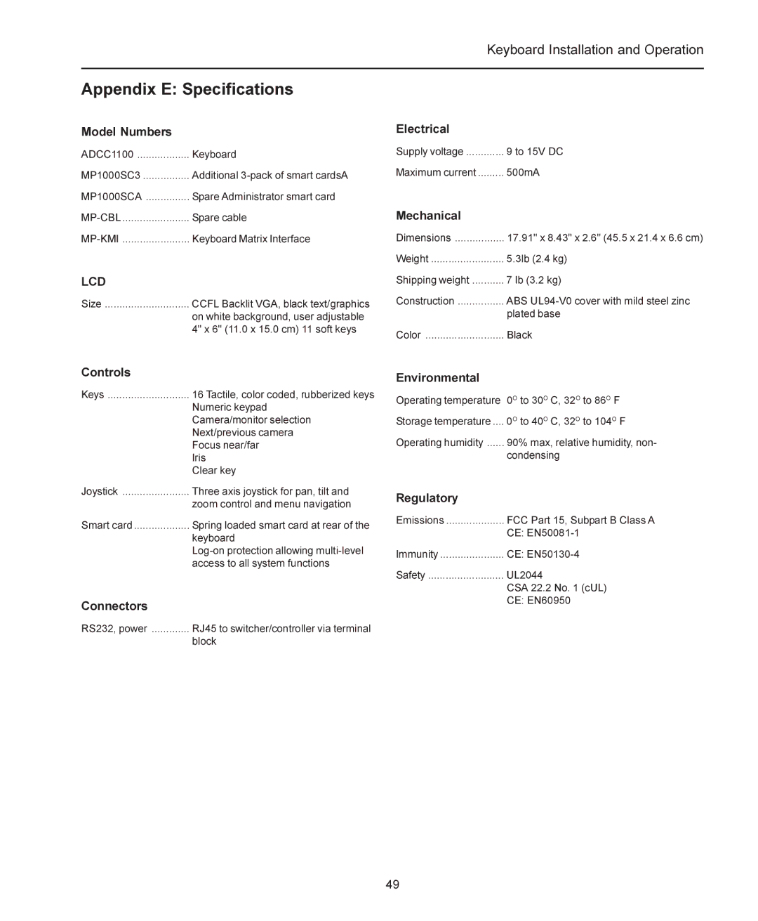 American Dynamics ADCC1100 manual Appendix E Specifications, Model Numbers 