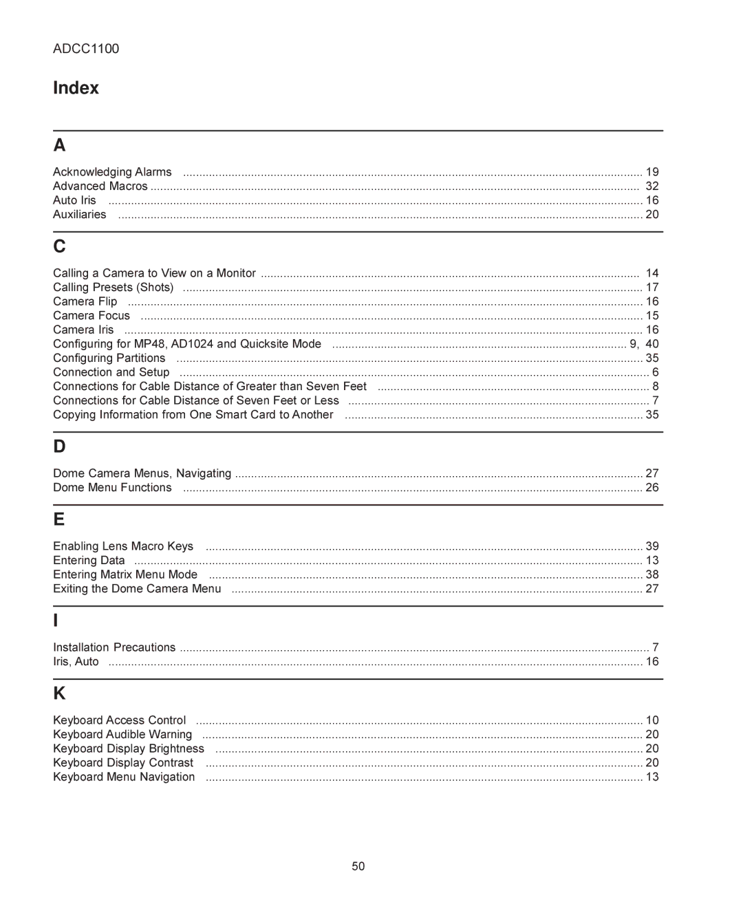 American Dynamics ADCC1100 manual Index 