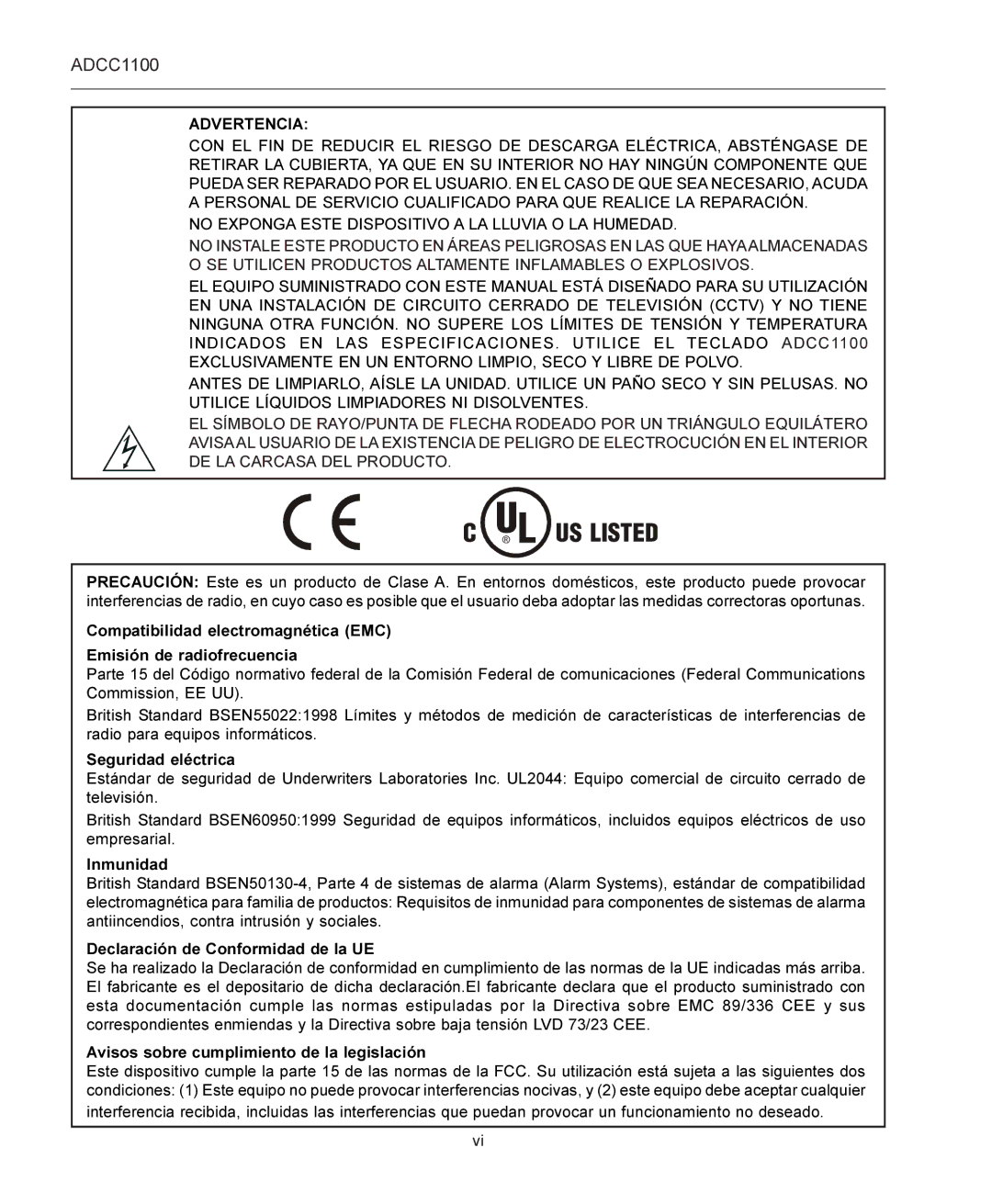 American Dynamics ADCC1100 manual Advertencia 