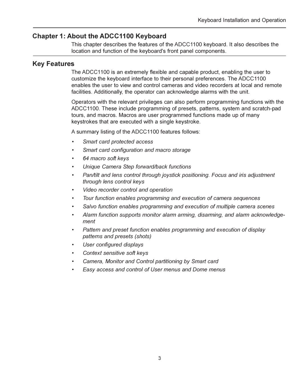 American Dynamics manual About the ADCC1100 Keyboard, Key Features 