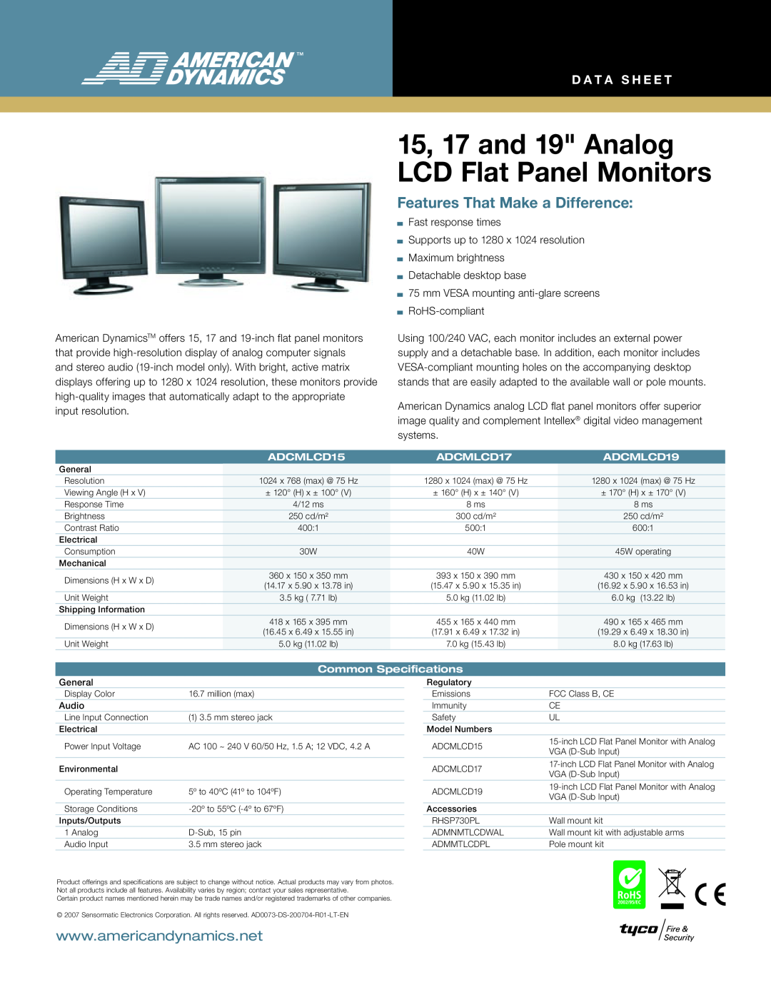 American Dynamics ADCMLCD19 specifications 15, 17 and 19 Analog LCD Flat Panel Monitors, Features That Make a Difference 
