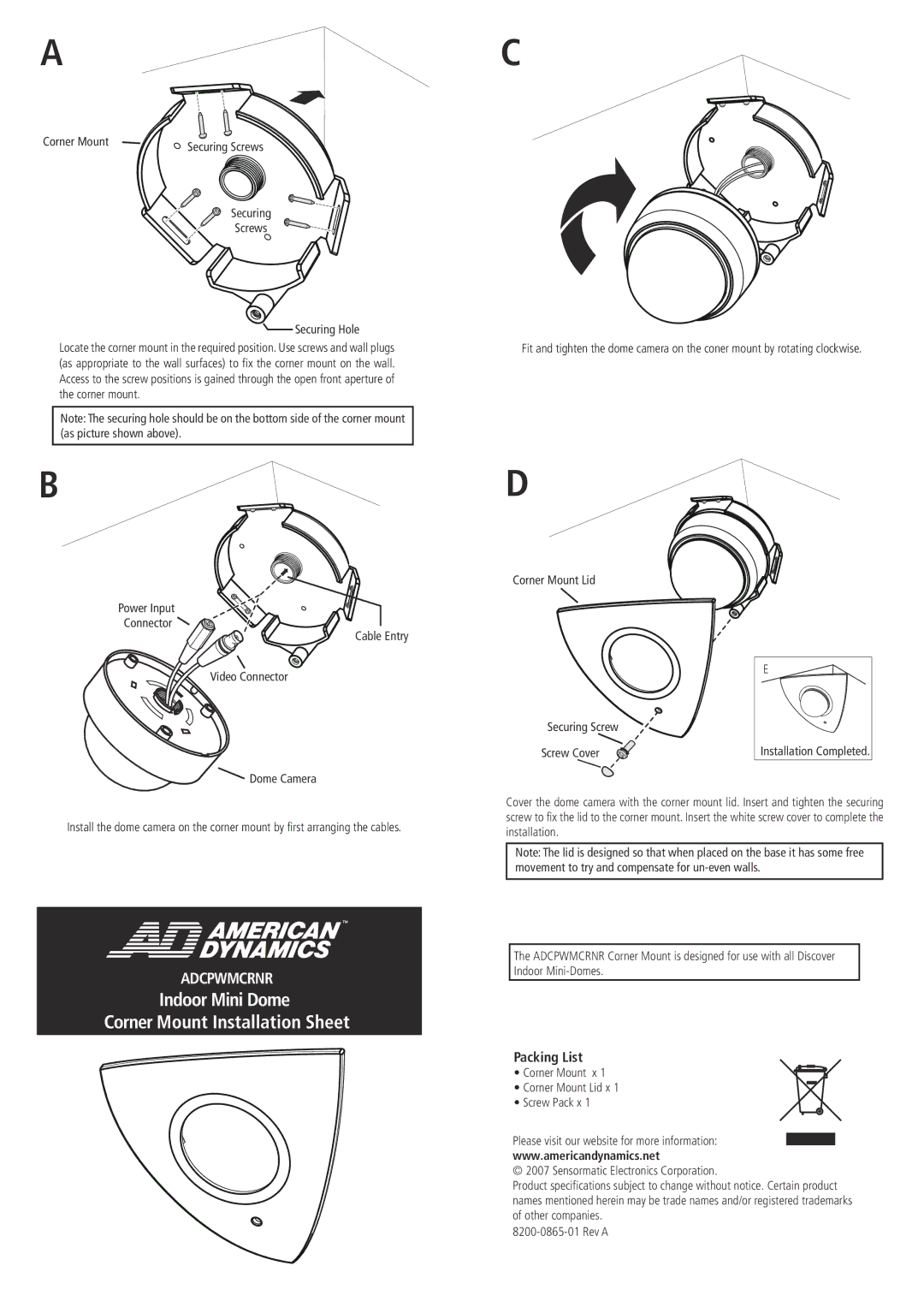 American Dynamics ADCPWMCRNR specifications Indoor Mini Dome Corner Mount Installation Sheet, Packing List 