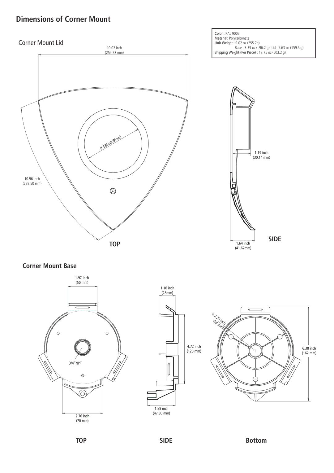 American Dynamics ADCPWMCRNR specifications Dimensions of Corner Mount, Corner Mount Lid, Top, Corner Mount Base, TOP Side 