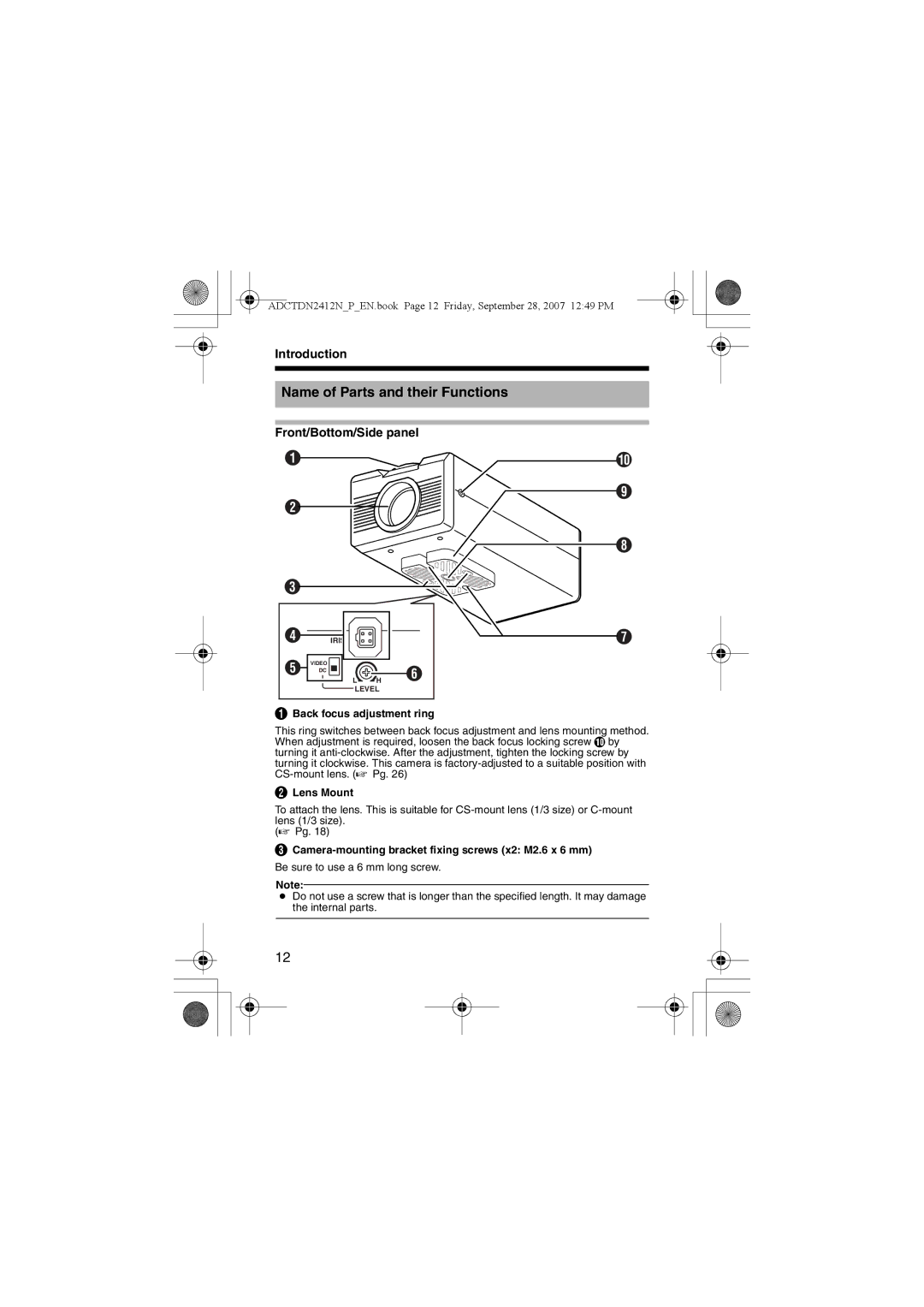 American Dynamics ADCTDN2412N manual Name of Parts and their Functions, Front/Bottom/Side panel, Back focus adjustment ring 