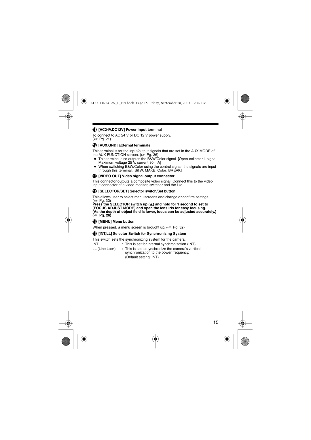 American Dynamics ADCTDN2412N, ADCTDN0230P, ADCTDN2412P manual AC24V,DC12V Power input terminal, AUX,GND External terminals 