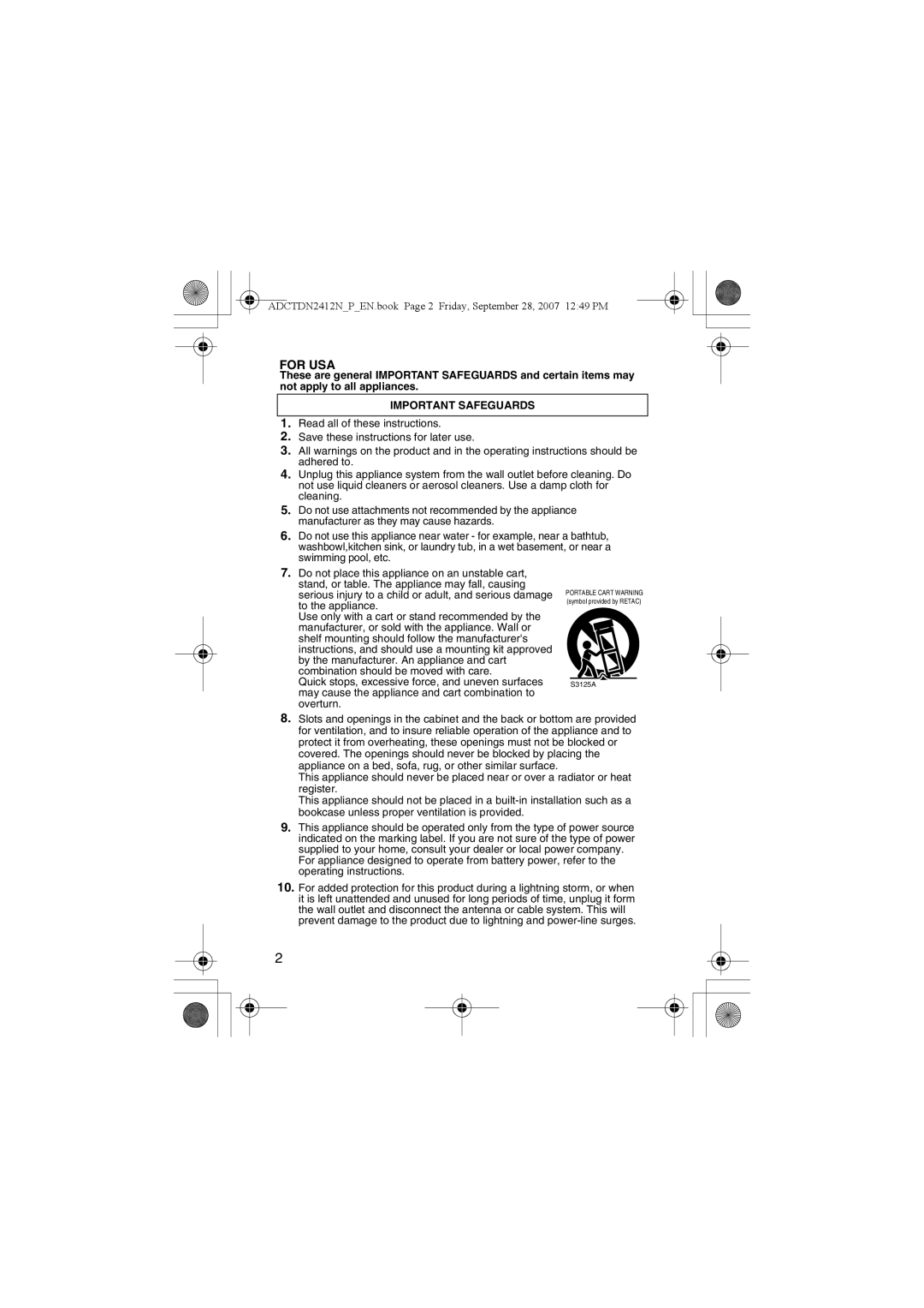 American Dynamics ADCTDN2412P, ADCTDN2412N, ADCTDN0230P manual For USA, Important Safeguards 