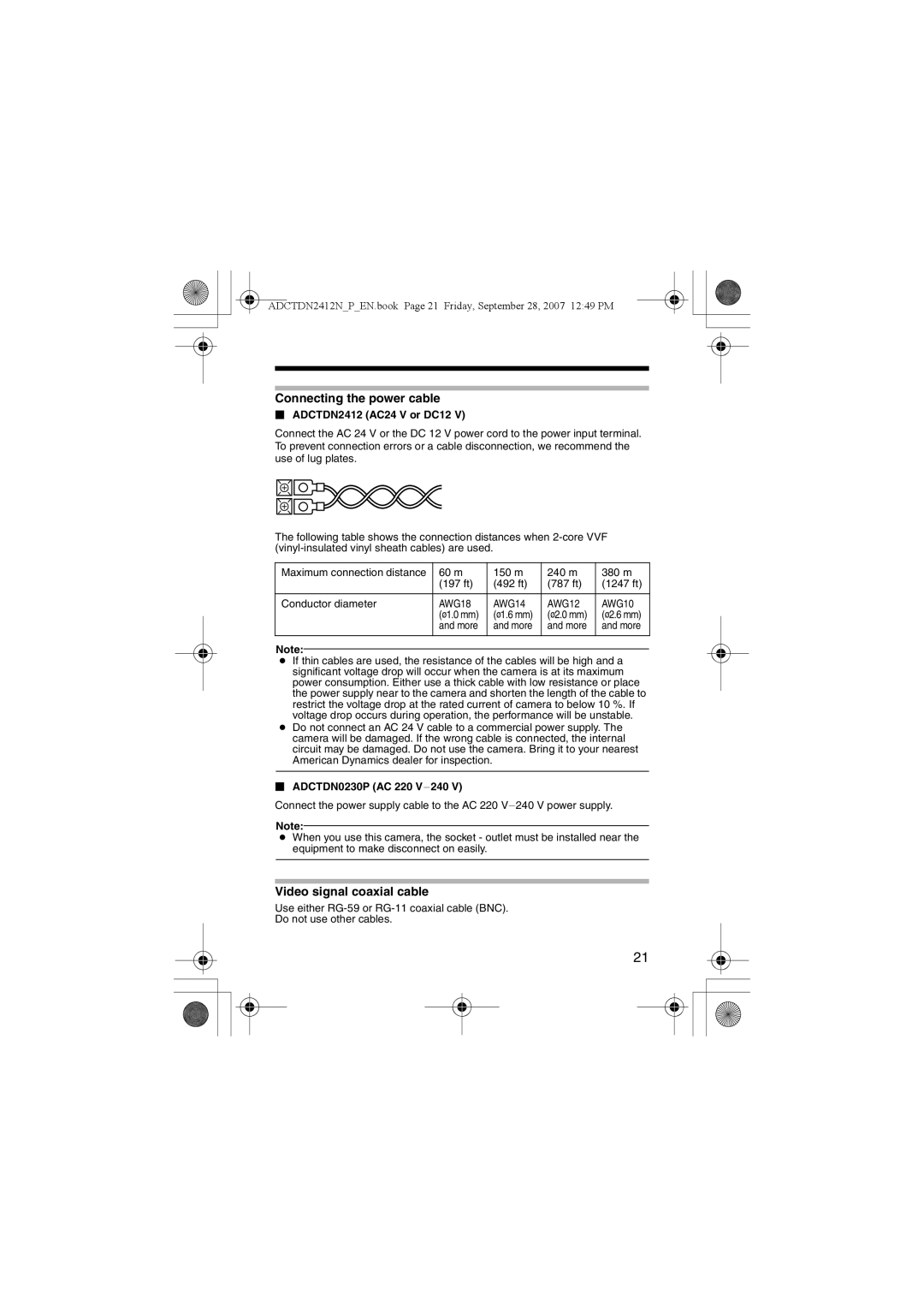 American Dynamics ADCTDN2412N manual Connecting the power cable, Video signal coaxial cable,  ADCTDN2412 AC24 V or DC12 