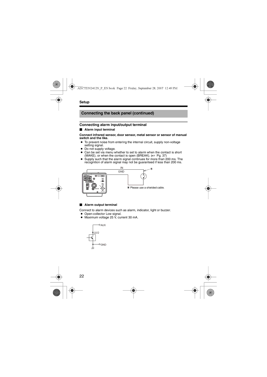 American Dynamics ADCTDN0230P, ADCTDN2412N, ADCTDN2412P Connecting alarm input/output terminal,  Alarm output terminal 