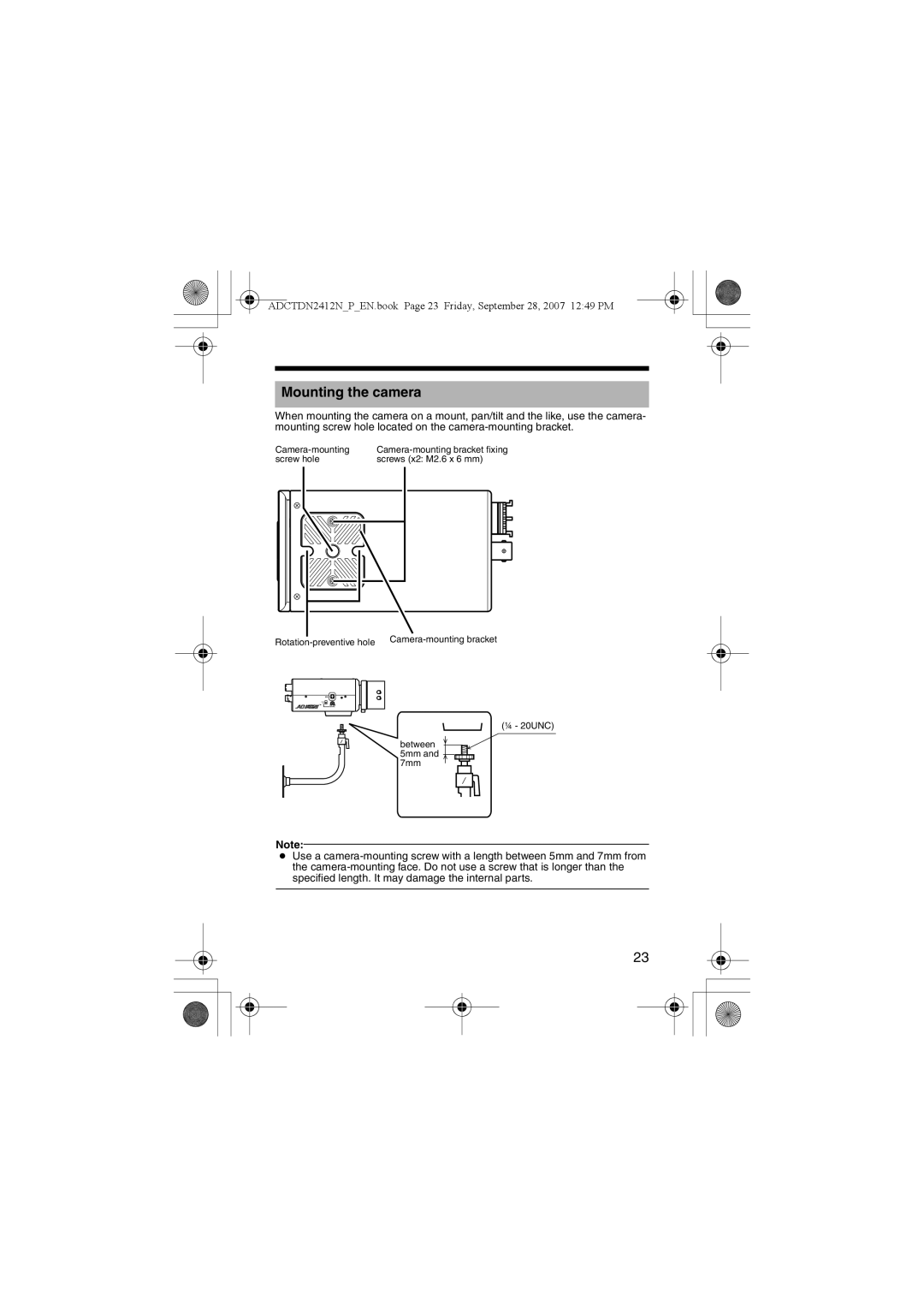 American Dynamics ADCTDN2412P, ADCTDN2412N, ADCTDN0230P manual Mounting the camera 