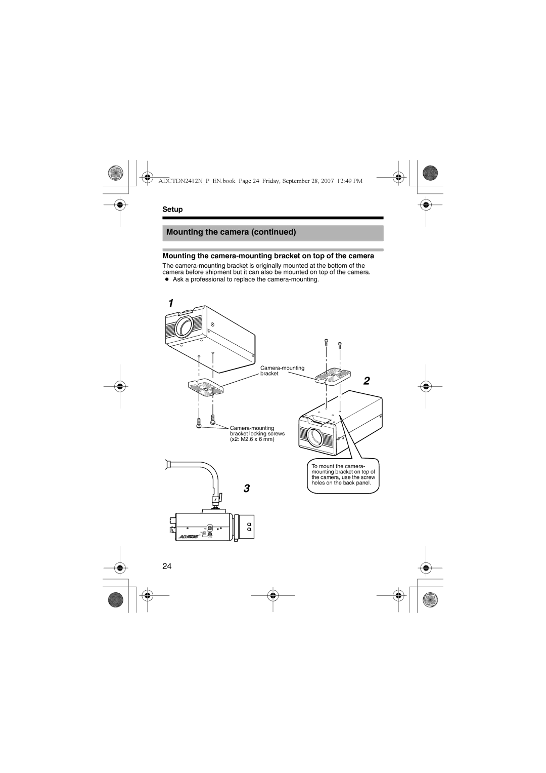 American Dynamics ADCTDN2412N, ADCTDN0230P, ADCTDN2412P manual Mounting the camera-mounting bracket on top of the camera 