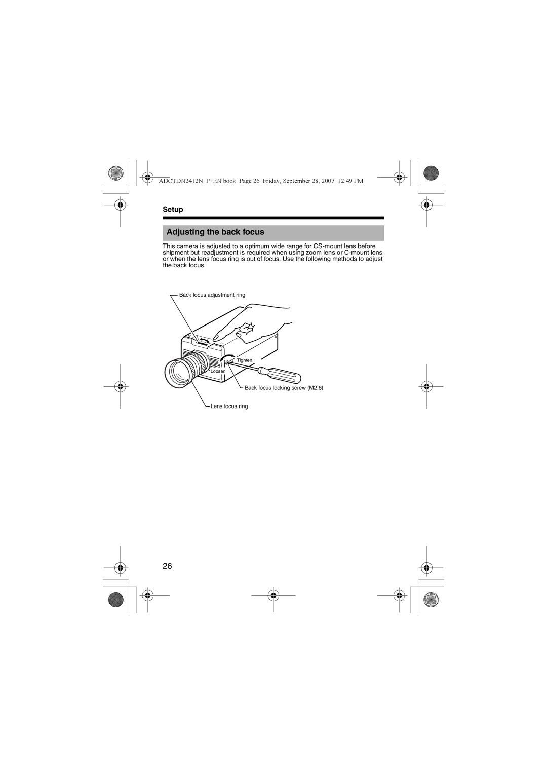 American Dynamics ADCTDN2412P, ADCTDN2412N, ADCTDN0230P manual Adjusting the back focus 