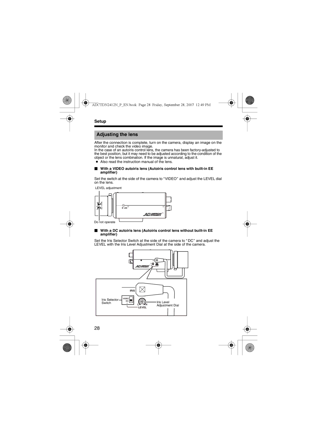 American Dynamics ADCTDN0230P, ADCTDN2412N, ADCTDN2412P manual Adjusting the lens 