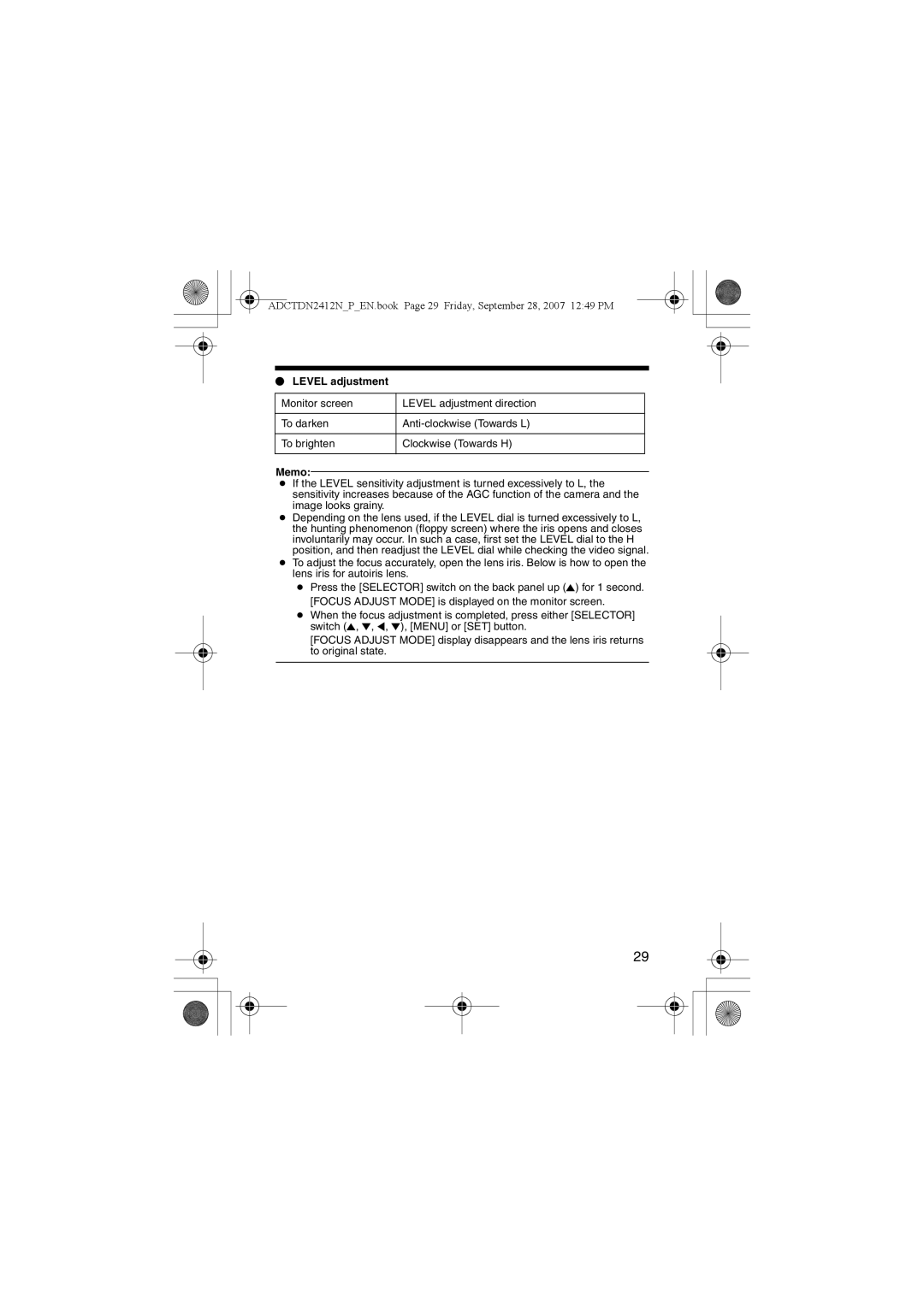 American Dynamics ADCTDN2412P, ADCTDN2412N, ADCTDN0230P manual  Level adjustment 