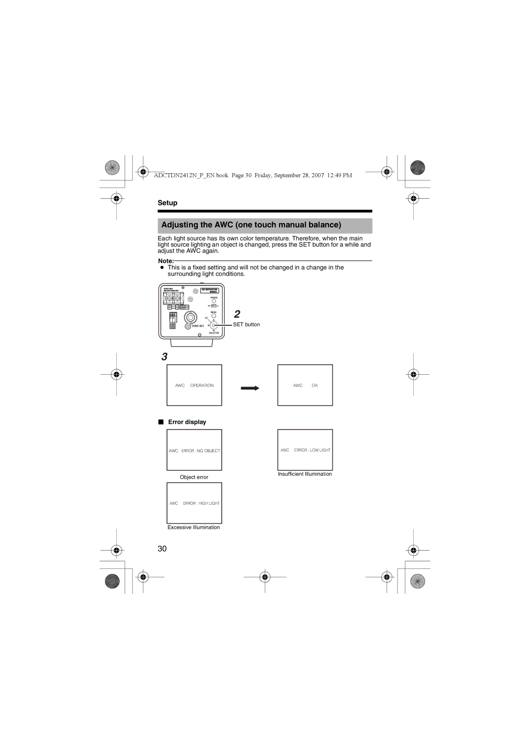 American Dynamics ADCTDN2412N, ADCTDN0230P, ADCTDN2412P Adjusting the AWC one touch manual balance,  Error display 