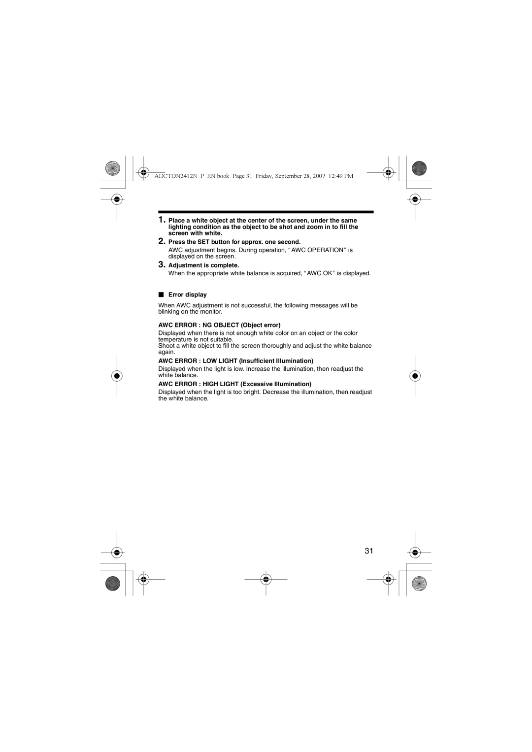 American Dynamics ADCTDN0230P, ADCTDN2412N, ADCTDN2412P manual Adjustment is complete, AWC Error NG Object Object error 