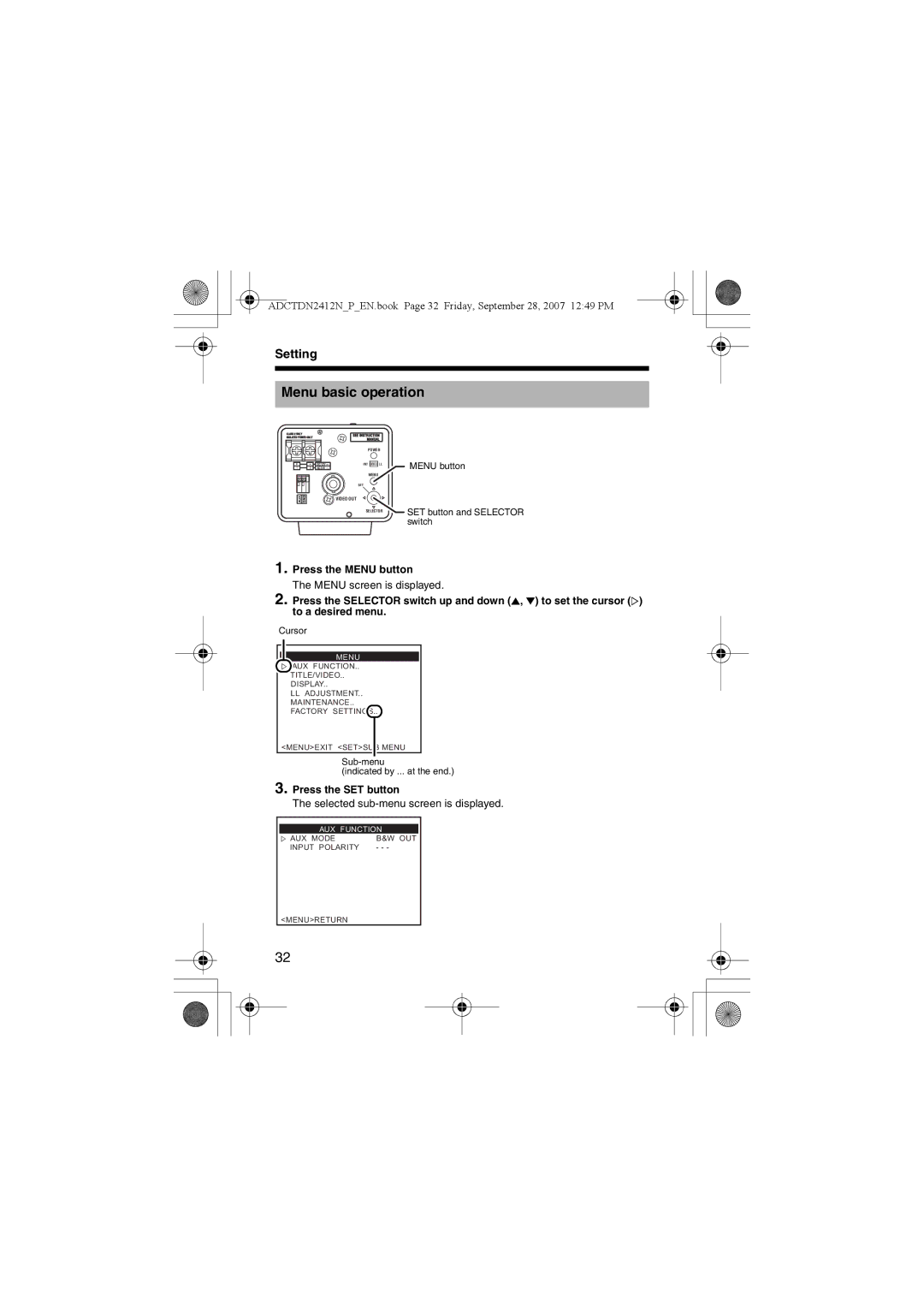 American Dynamics ADCTDN2412P, ADCTDN2412N manual Menu basic operation, Setting, Press the Menu button, Press the SET button 