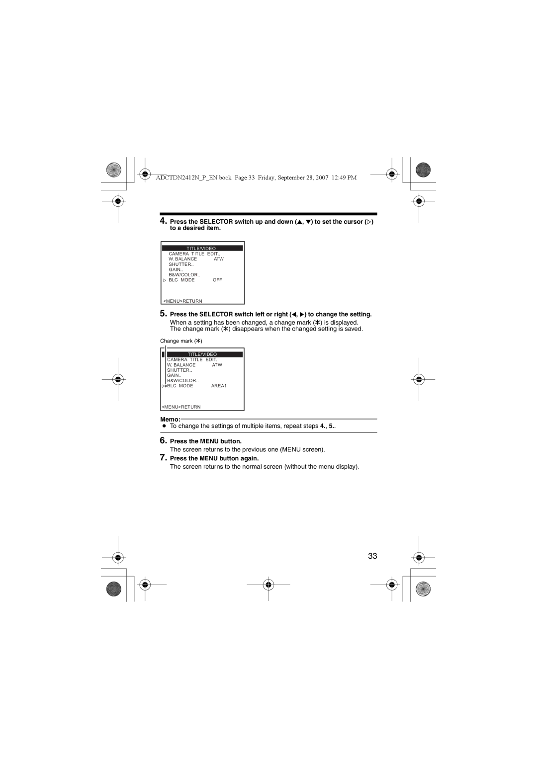 American Dynamics ADCTDN2412N, ADCTDN0230P, ADCTDN2412P manual Memo, Press the Menu button again 