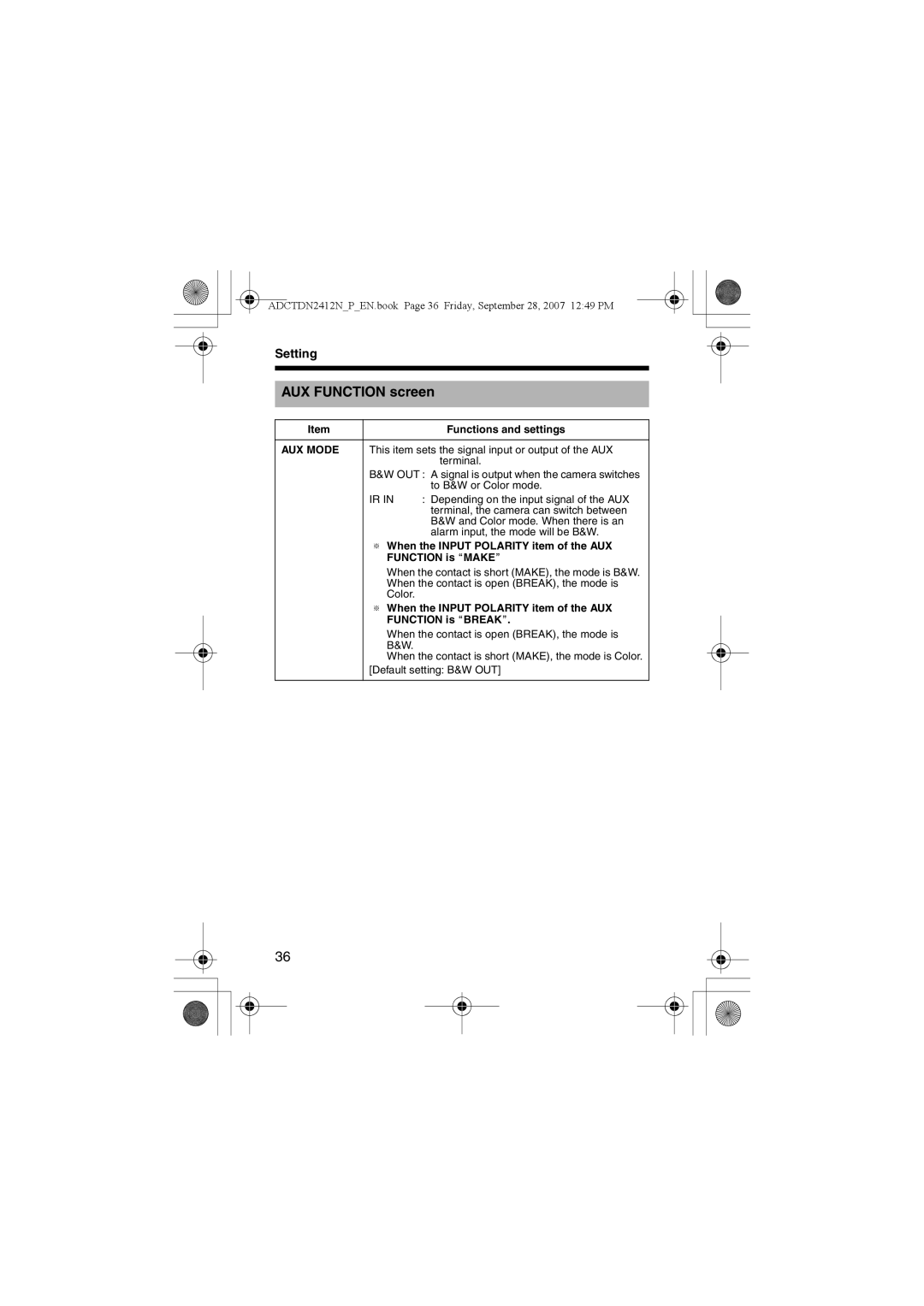 American Dynamics ADCTDN2412N, ADCTDN0230P, ADCTDN2412P manual AUX Function screen, AUX Mode 