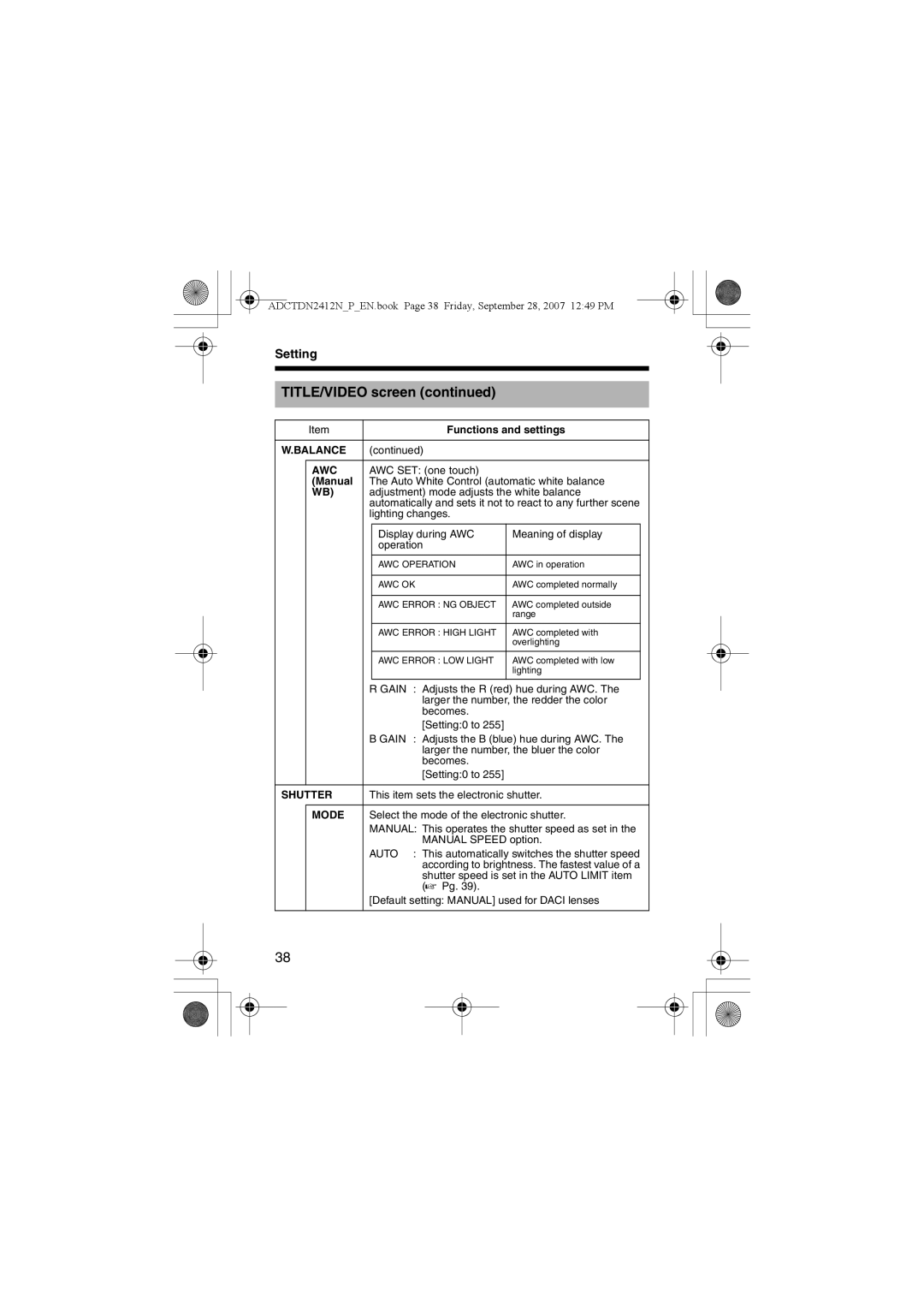 American Dynamics ADCTDN2412P, ADCTDN2412N, ADCTDN0230P manual Balance AWC, Manual, Shutter, Mode, Auto 